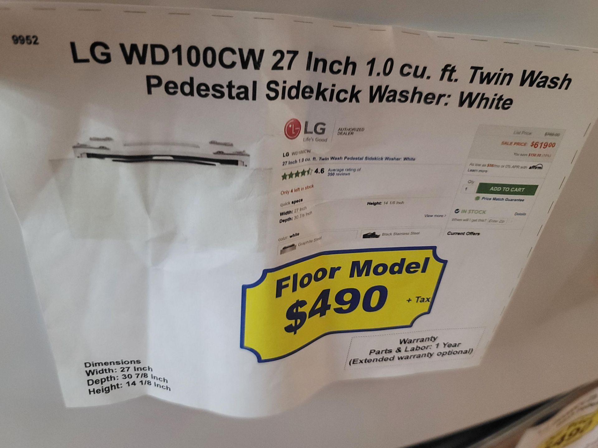 LG 27" SIDEKICK PEDESTAL WASHER IN WHITE, 1.0 CU. FT. CAPACITY, MODEL WD100CW - Image 4 of 4