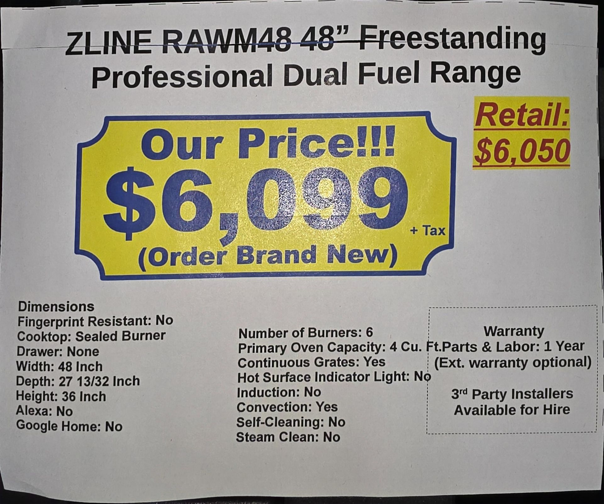 ZLINE 48" FREESTANDING PROFESSIONAL DUAL FUEL RANGE W/ (6) GAS BURNERS PLUS GRIDDLE AND 4.0 CU. - Image 4 of 4