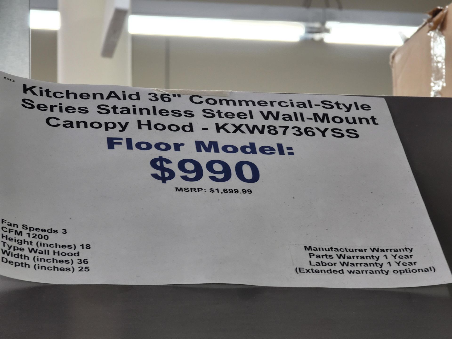 KITCHENAID COMMERCIAL-STYLE SERIES 36" WALL MOUNT CANOPY RANGE HOOD, 600-1200 CFM, MODEL KXW8736YSS - Image 2 of 2