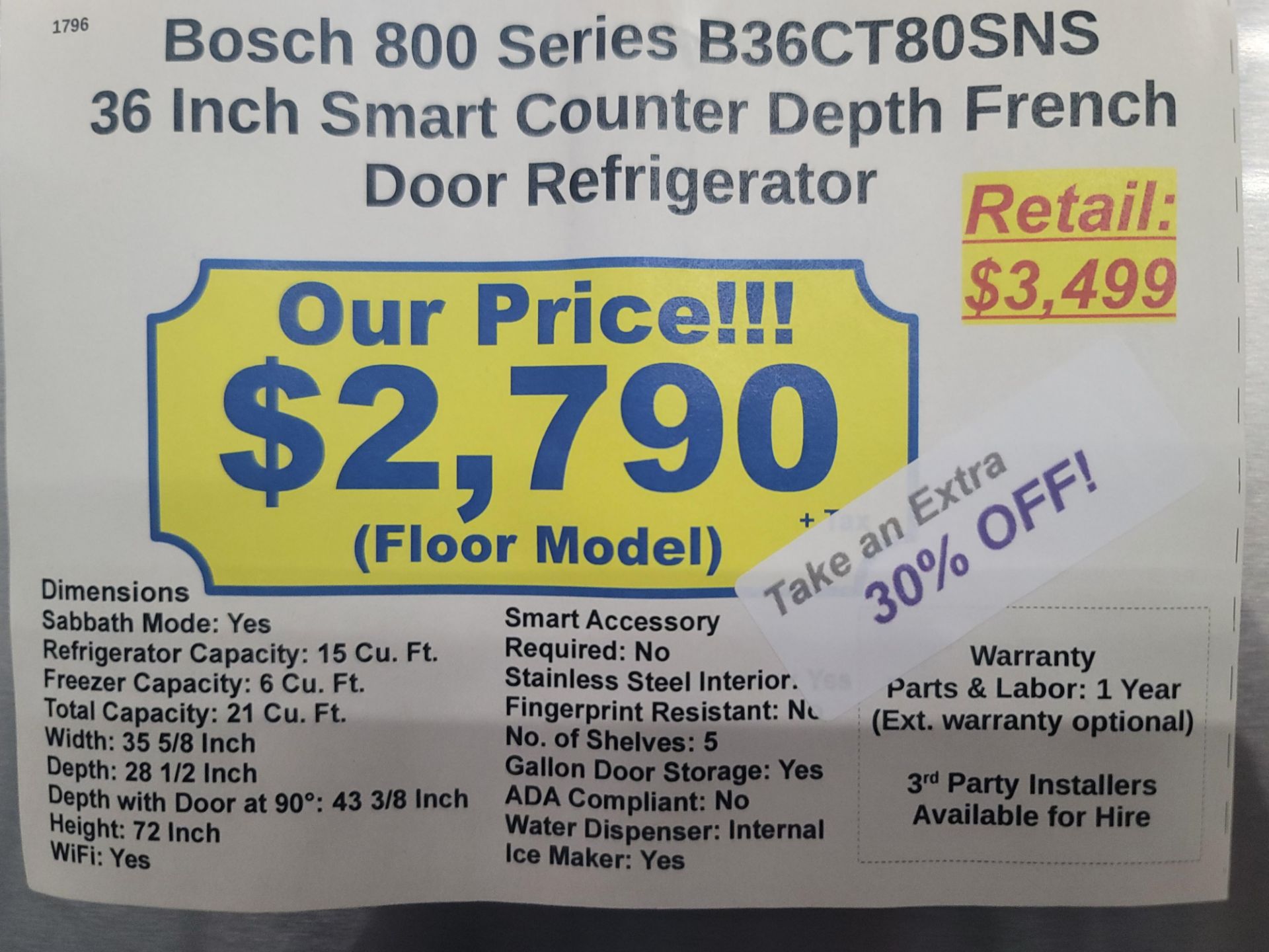 BOSCH 800 SERIES 36" SMART COUNTER DEPTH FRENCH DOOR 15 CU. FT. REFRIGERATOR / 6.0 CU. FT. FREEZER / - Image 4 of 4