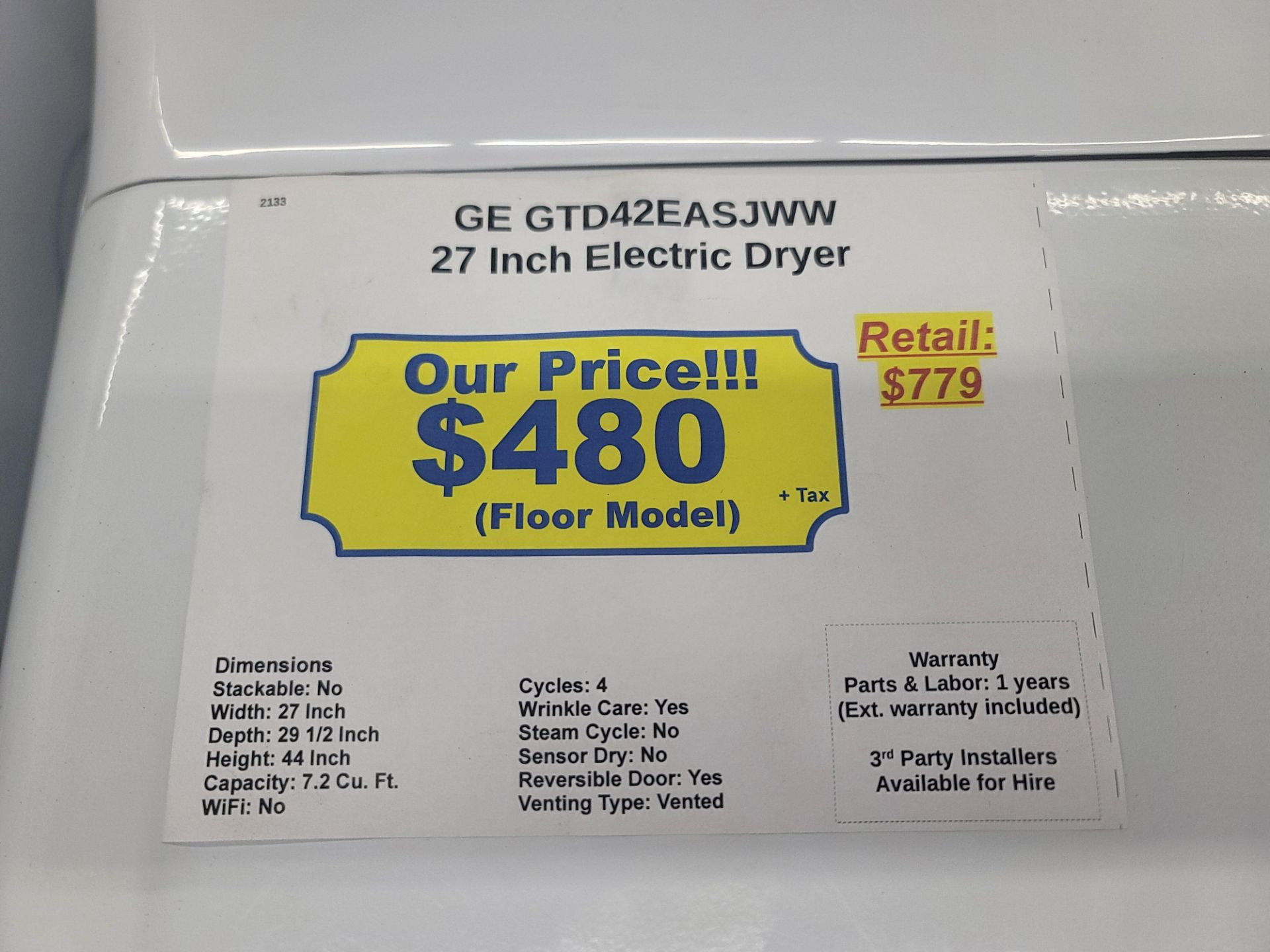 GE 27" ELECTRIC DRYER IN WHITE, 7.2 CU. FT. CAPACITY, MODEL GTD42EASJWW - Image 3 of 3