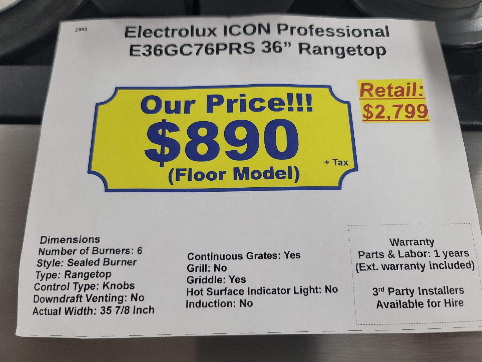 ELECTROLUX ICON PROFESSIONAL 36" GAS RANGETOP W/ (6) BURNERS IN STAINLESS STEEL, MODEL E36GC76PRS - Image 4 of 4
