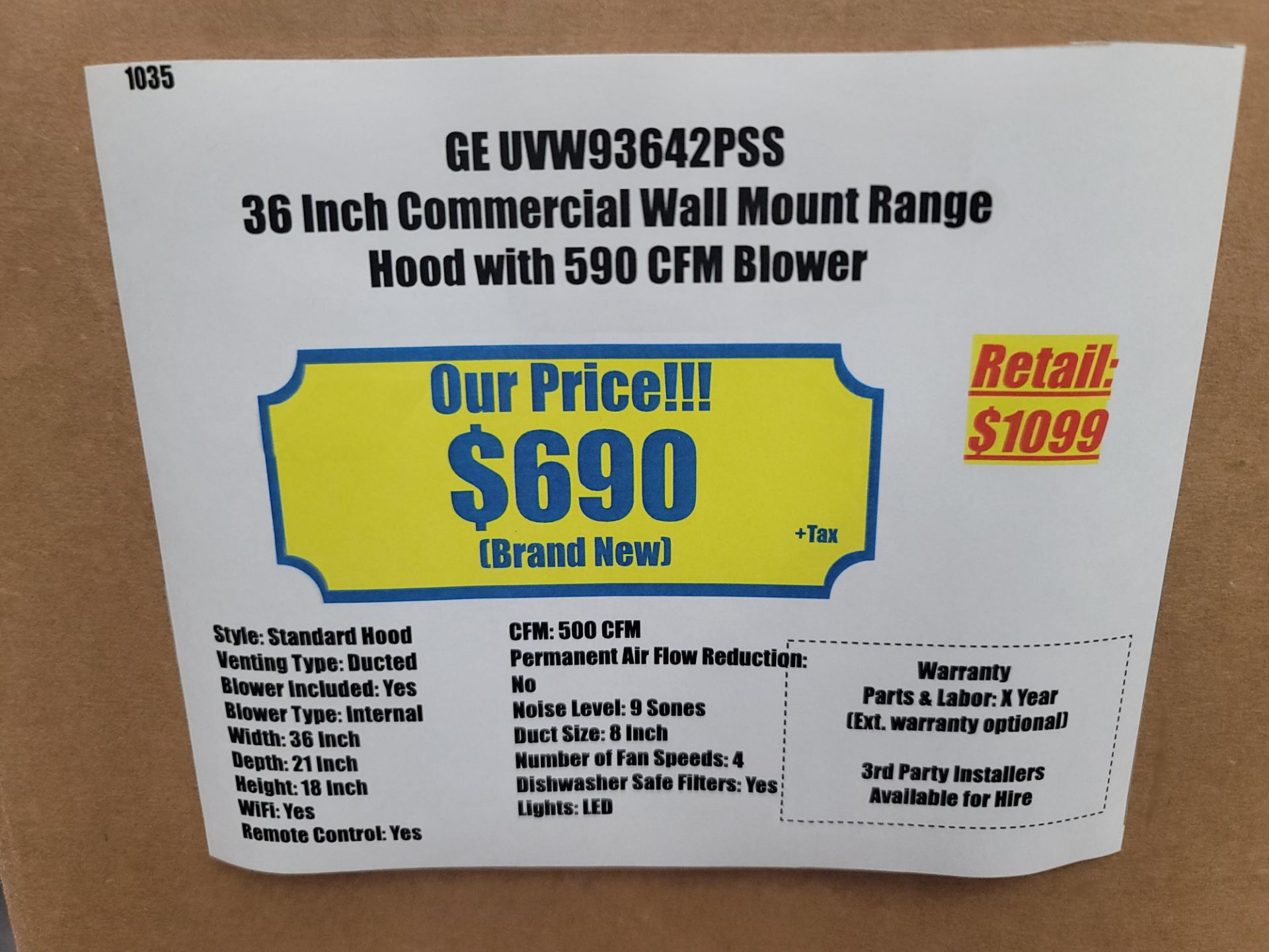 GE 36" COMMERCIAL WALL MOUNT RANGE HOOD, MODL UVW93642PSS - Image 2 of 2