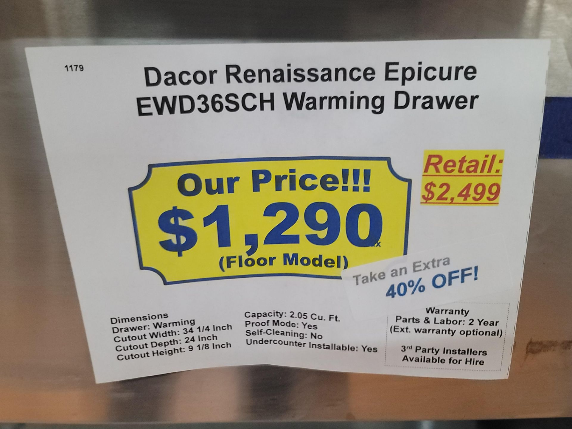 DACOR RENAISSANCE EPICURE 36" WARMING DRAWER, MODEL EWD36SCH - Image 3 of 3