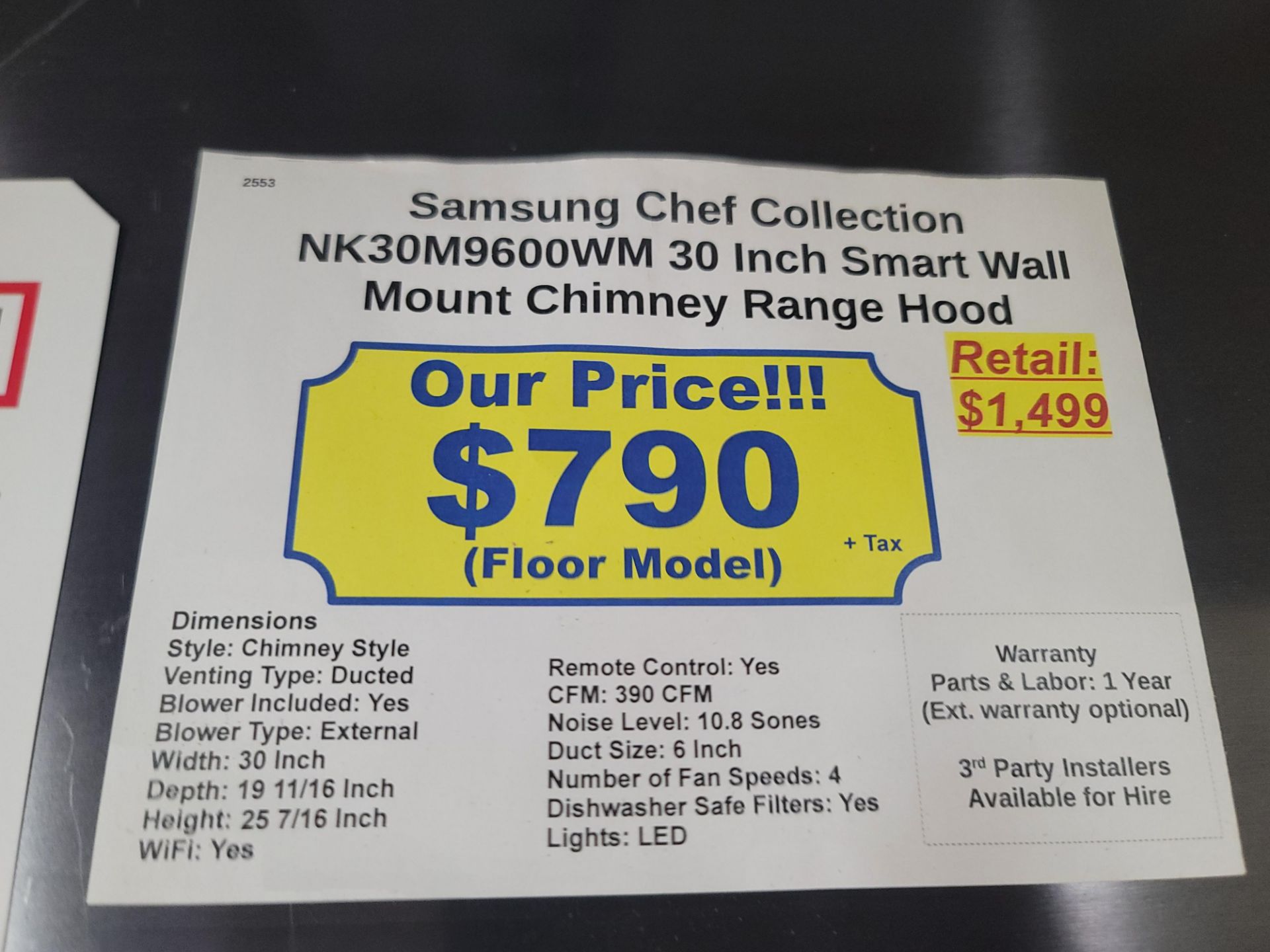 SAMSUNG CHEF COLLECTION 30" SMART WALL MOUNT CHIMNEY RANGE HOOD IN MATTE BLACK, MODEL NK30M9600WM - Image 2 of 2