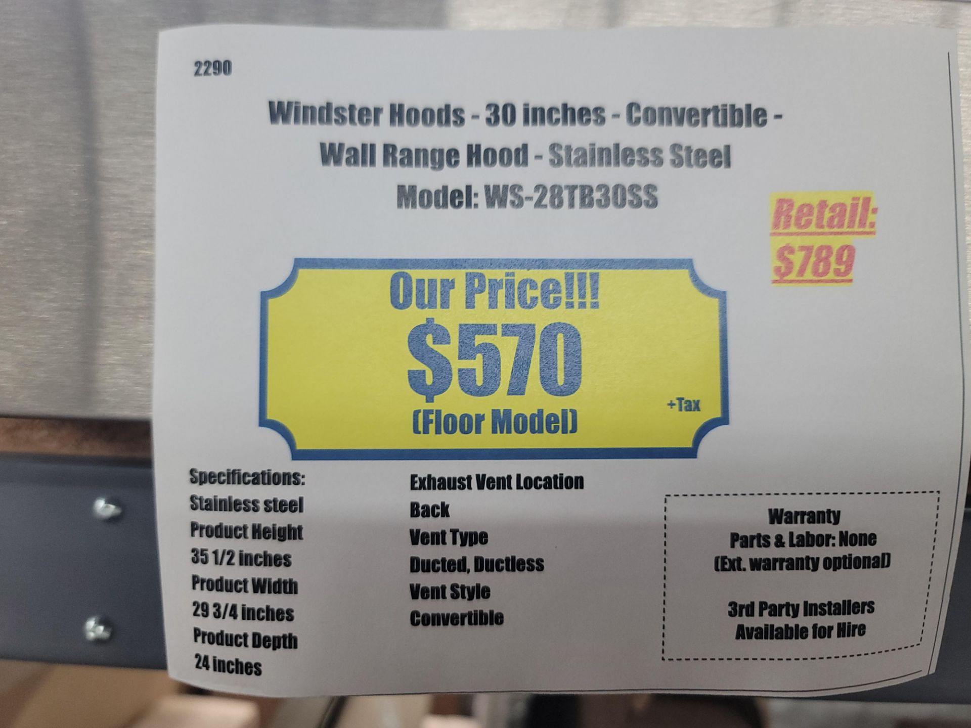 WINDSTER 30" CONVERTIBLE WALL RANGE HOOD, MODEL WS-28TB30SS - Image 2 of 2