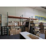 LOT - (3) 8' SECTIONS OF PALLET RACKING, APPROX. 8'-6" X 42" X 12" HT., PLYWOOD DECKING, CONTENTS