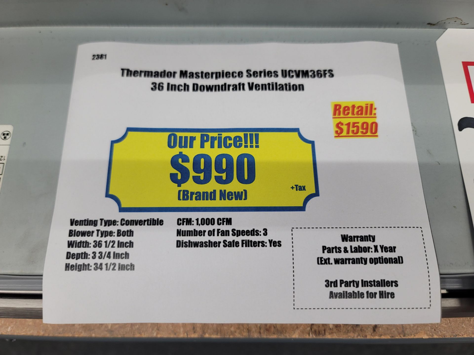 THERMADOR MASTERPIECE SERIES 36" DOWNDRAFT VENTILATION, MODEL UCVM36FS - Image 2 of 2