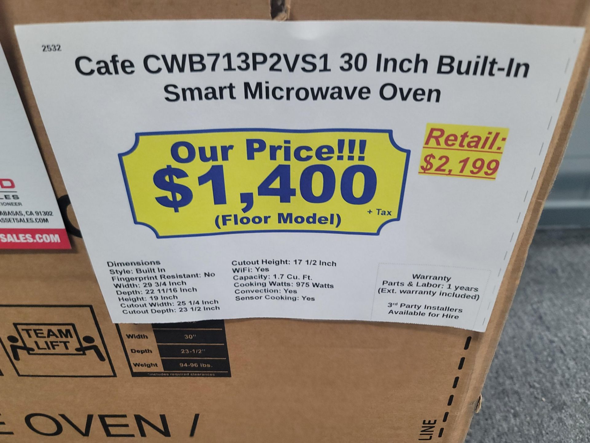 CAFE 30" BUILT-IN SMART MICROWAVE OVEN W/ 1.7 CU. FT. CAPACITY IN STAINLESS STEEL, MODEL - Image 2 of 2
