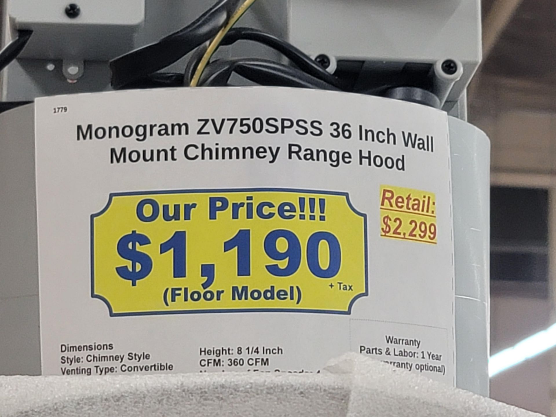 MONOGRAM 36" WALL MOUNT CHIMNEY RANGE HOOD, MODEL ZV750SPSS, COMES W/ ORIGINAL CARTON - Image 2 of 2