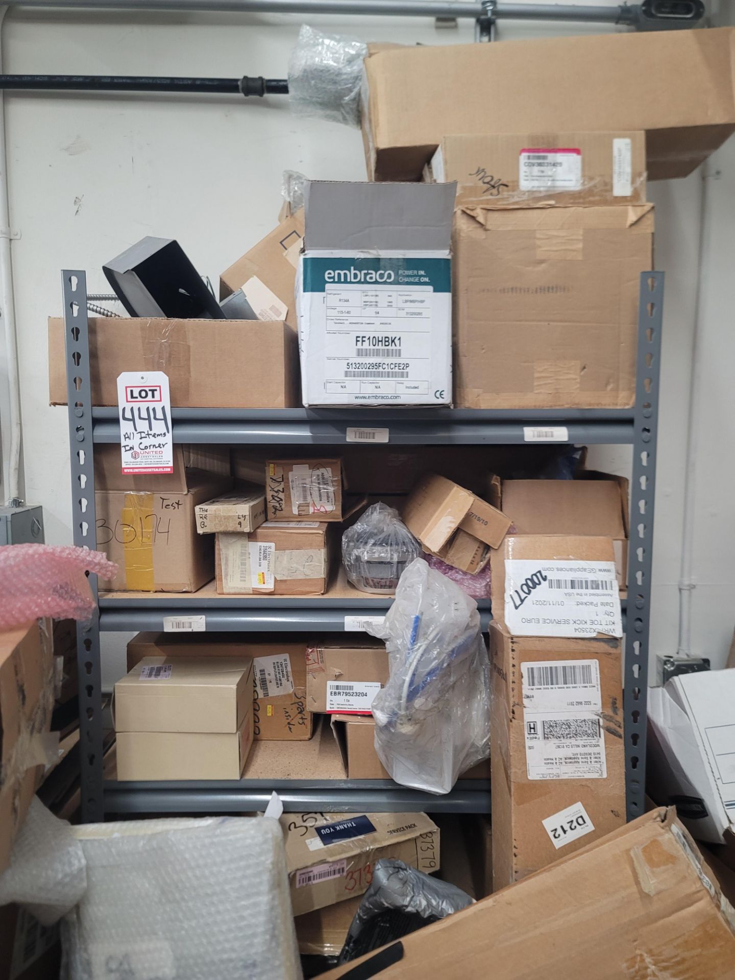 LOT - CONTENTS OF CORNER AREA, TO INCLUDE SHELF UNIT FULL OF APPLIANCE REPLACEMENT PARTS AND ALL - Image 9 of 21