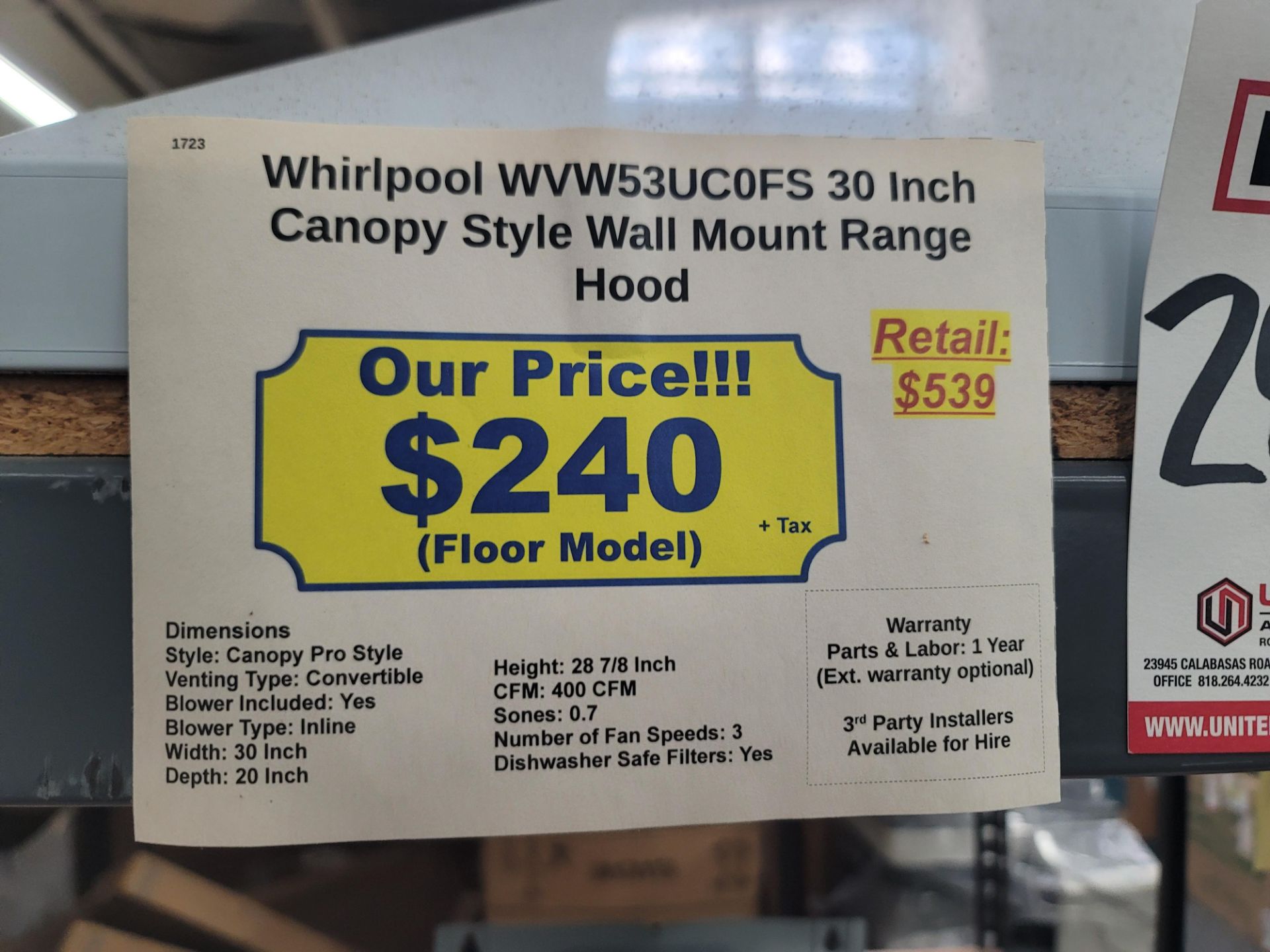 WHIRLPOOL 30" CANOPY STYLE WALL MOUNT RANGE HOOD, MODEL WVW53UC0FS - Image 2 of 2