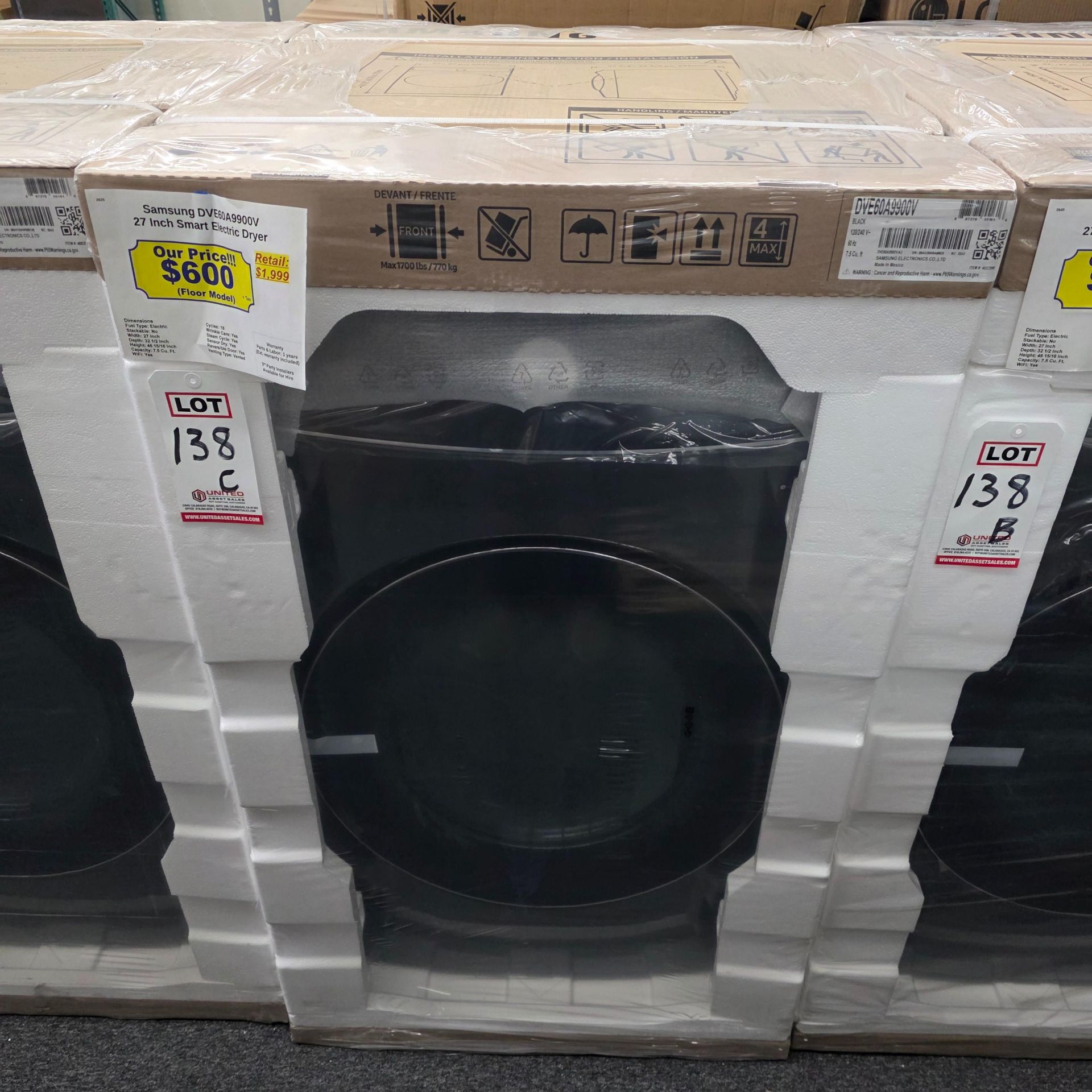 SAMSUNG 27" SMART 7.5 CU. FT. ELECTRIC DRYER IN BLACK, MODEL DVE60A9900V, UNOPENED FACTORY