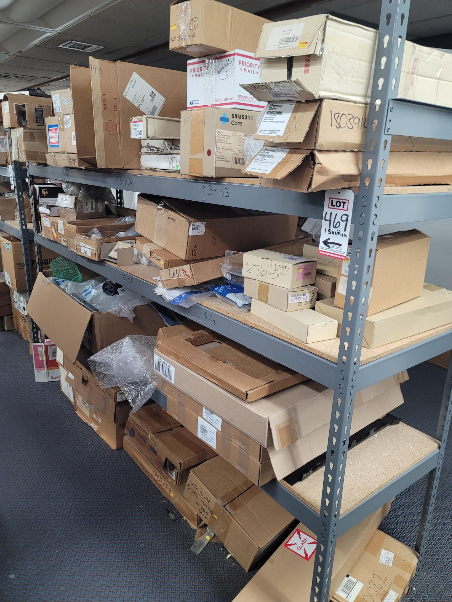 LOT - 8' SHELF UNIT W/ CONTENTS OF APPLIANCE REPLACEMENT PARTS