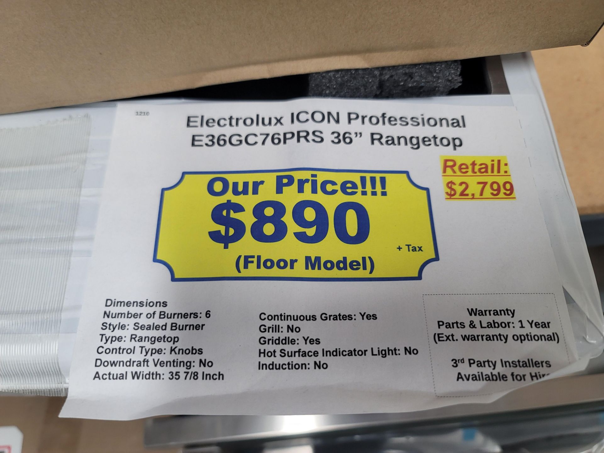 ELECTROLUX ICON PROFESSIONAL 36" GAS RANGETOP W/ (6) BURNERS IN STAINLESS STEEL, MODEL E36GC76PRS - Image 3 of 3