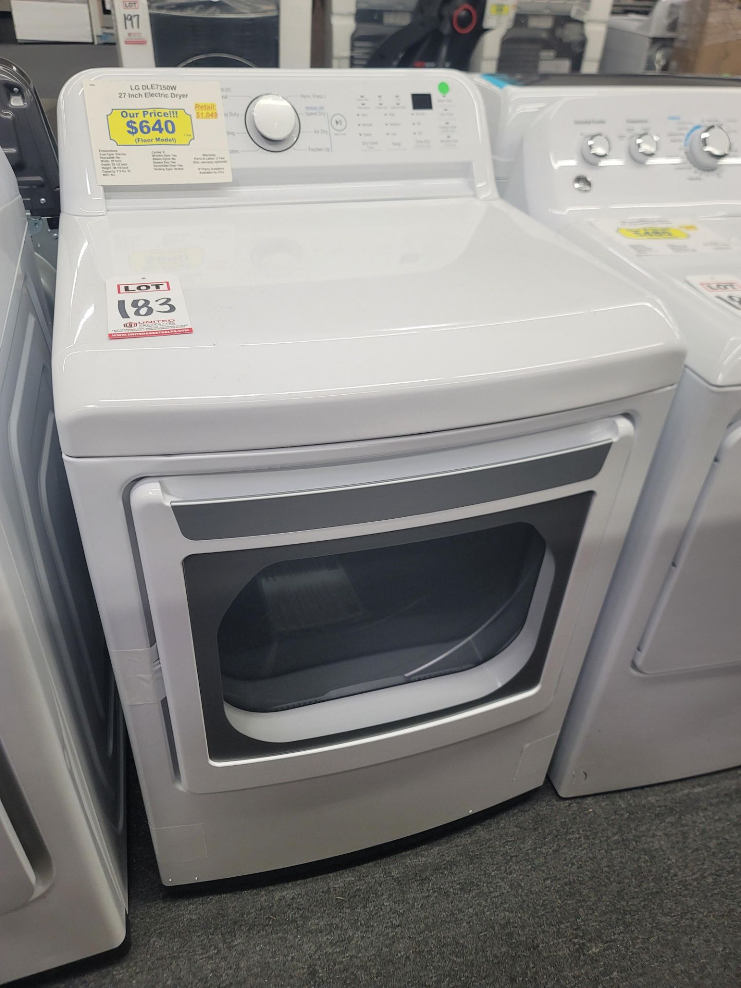 LG 27" ELECTRIC DRYER IN WHITE, 7.3 CU. FT. CAPACITY, MODEL DLE7150W