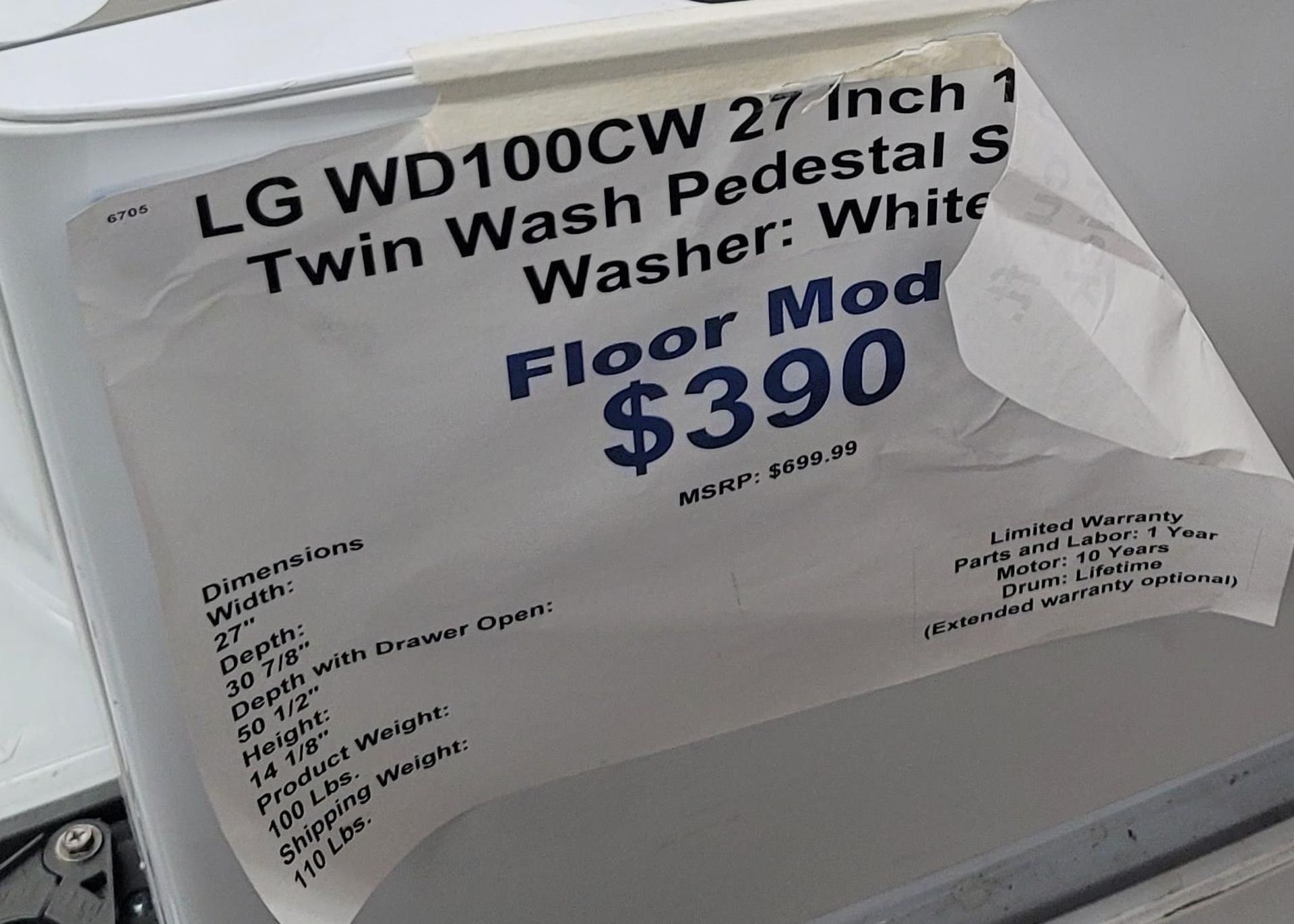 LG 27" SIDEKICK PEDESTAL WASHER IN WHITE, 1.0 CU. FT. CAPACITY, MODEL WD100CW - Image 3 of 3