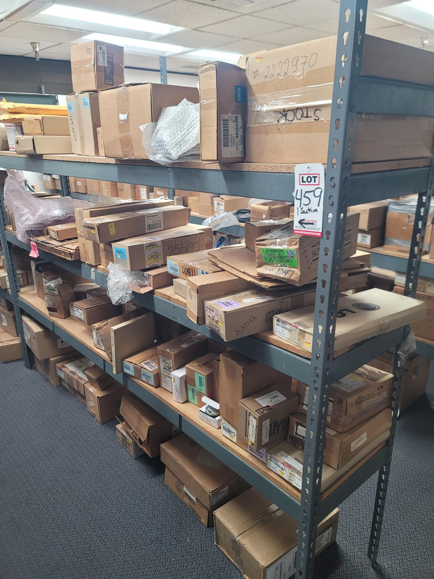 LOT - 8' SHELF UNIT W/ CONTENTS OF APPLIANCE REPLACEMENT PARTS