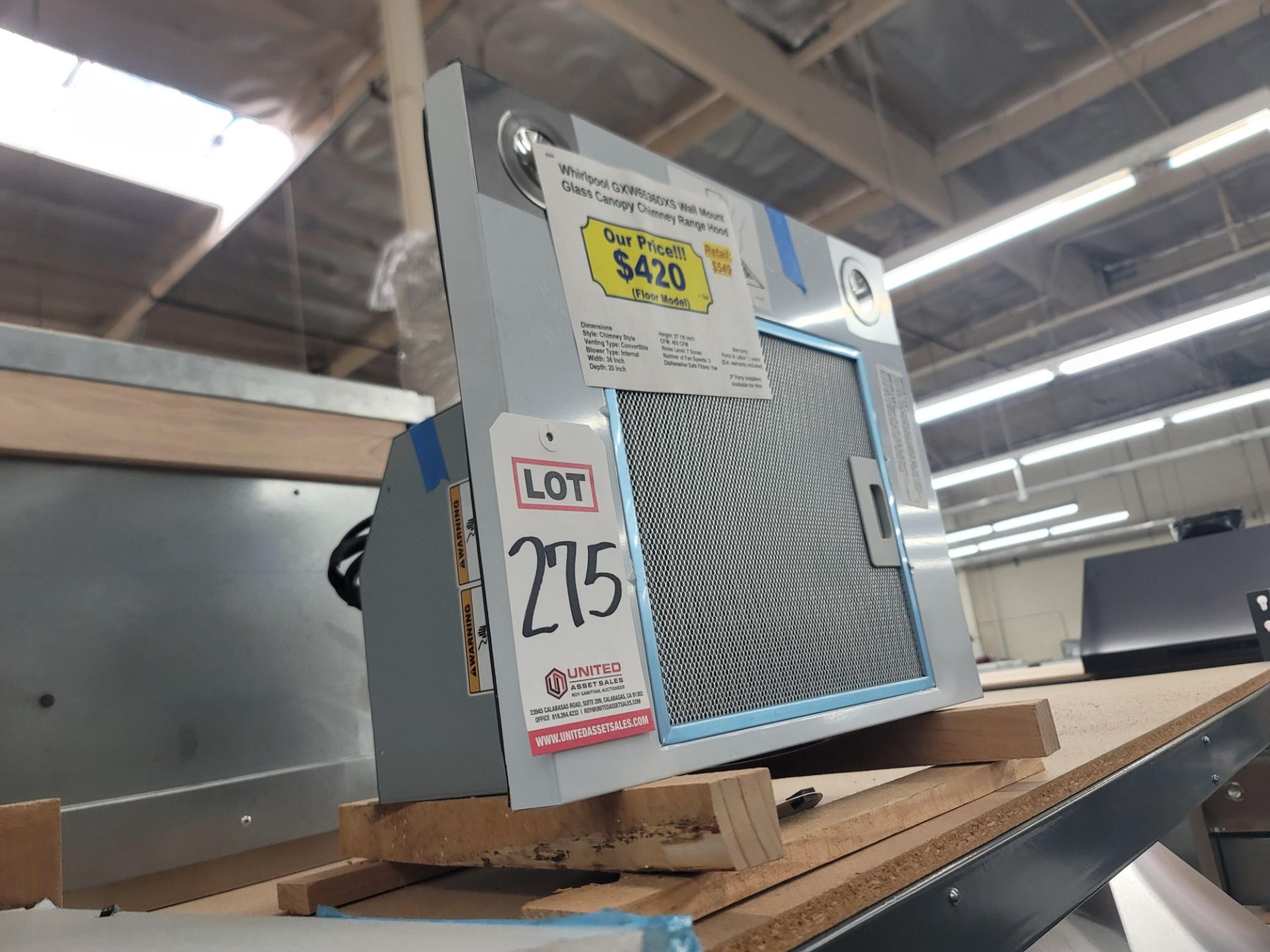 WHIRLPOOL 36" WALL MOUNT GLASS CANOPY CHIMNEY RANGE HOOD, MODEL GXW6536DXS