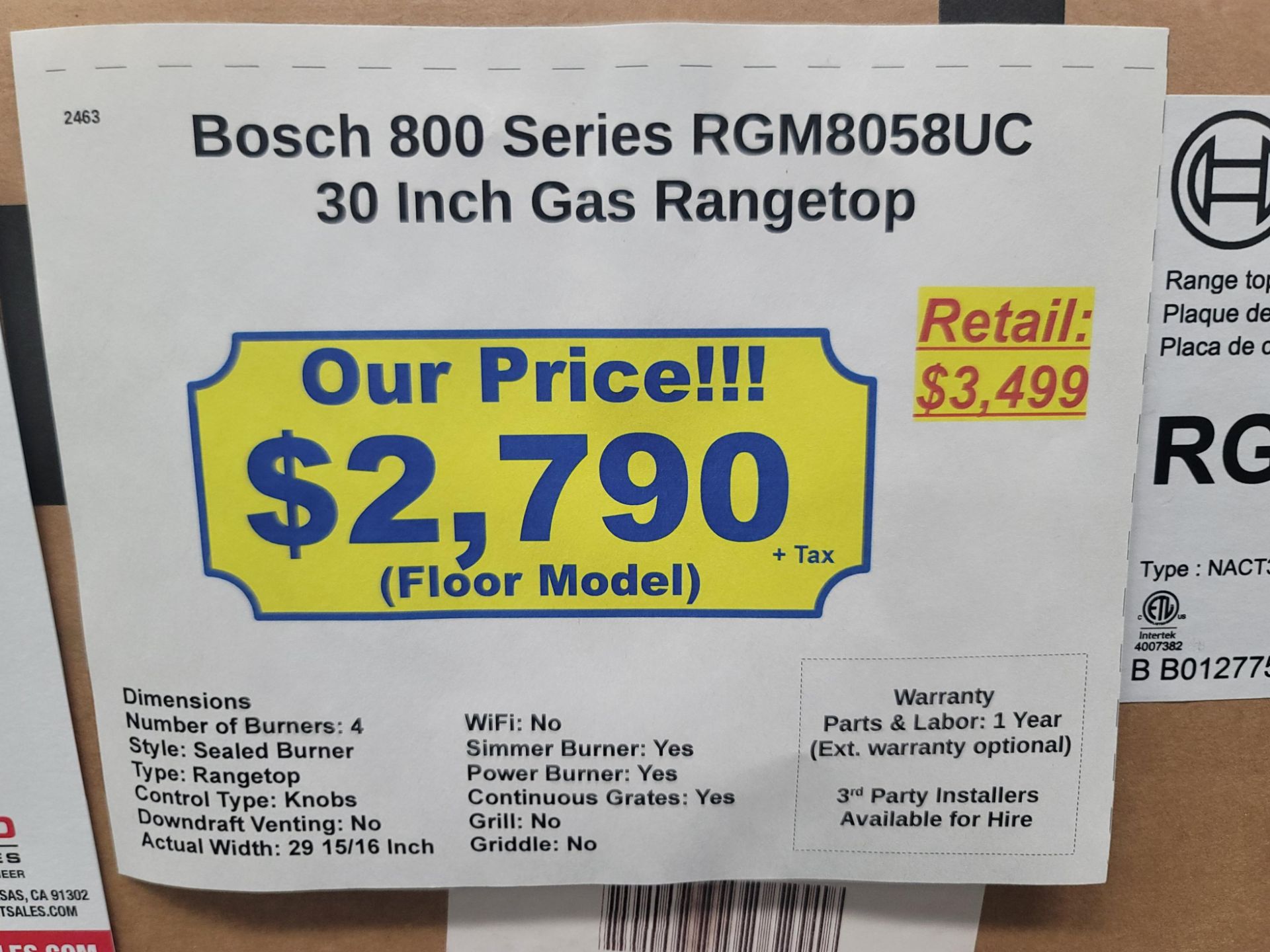 BOSCH 800 SERIES 30" GAS RANGETOP W/ (4) BURNERS IN STAINLESS STEEL, MODEL RGM8058UC - Image 3 of 3