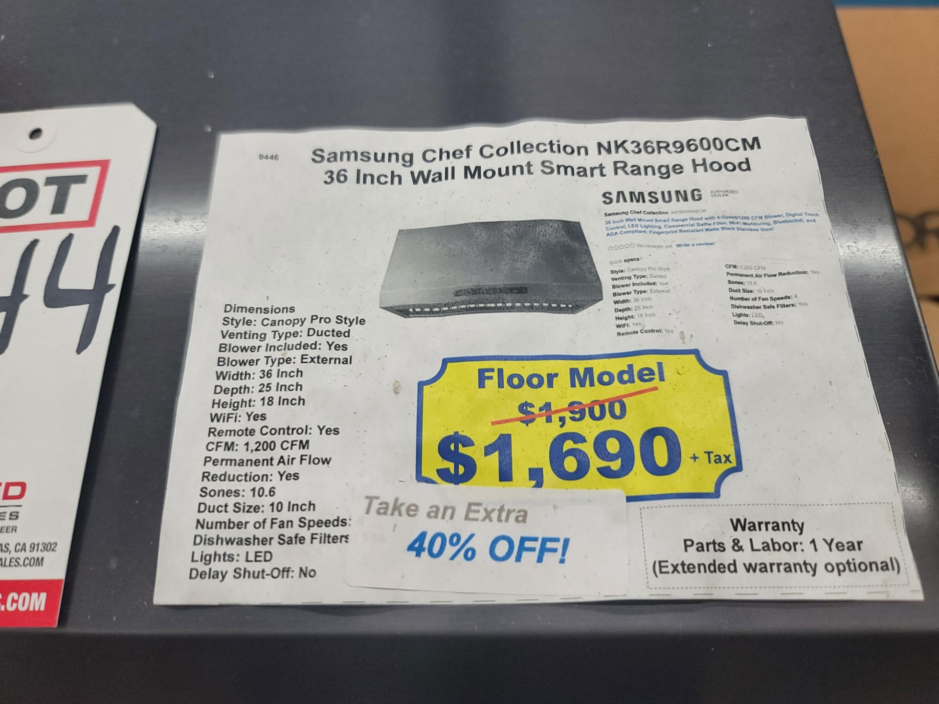 SAMSUNG CHEF COLLECTION 36" WALL MOUNT SMART RANGE HOOD IN BLACK STAINLESS STEEL, MODEL NK36R9600CM - Image 2 of 2