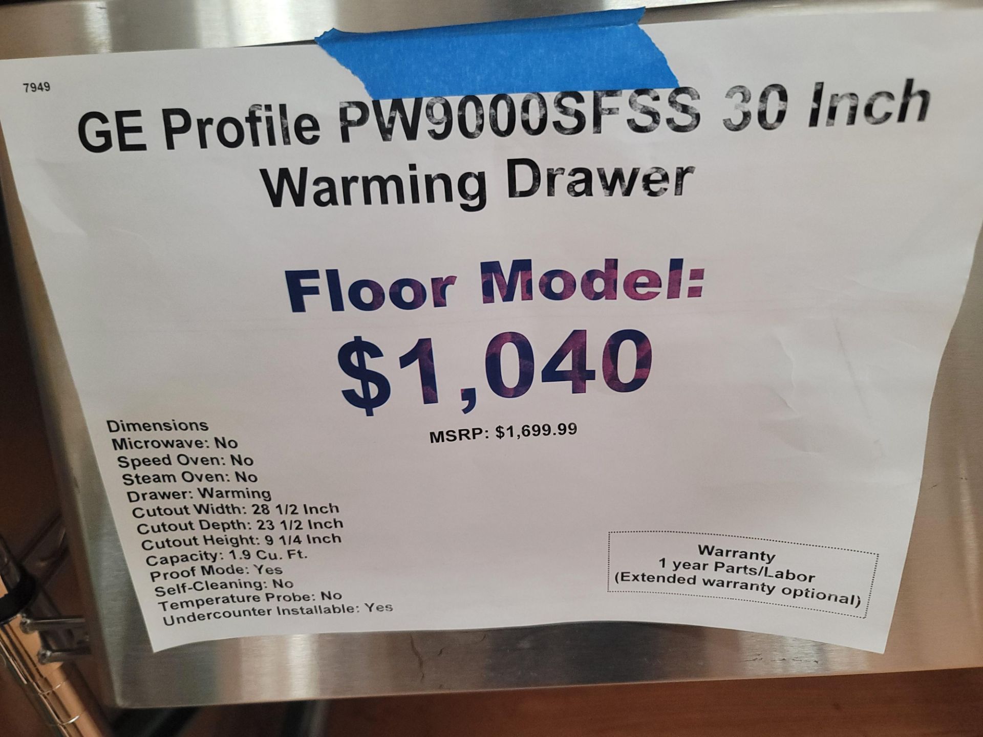 GE PROFILE 30" WARMING DRAWER, MODEL PW9000SFSS - Image 2 of 2