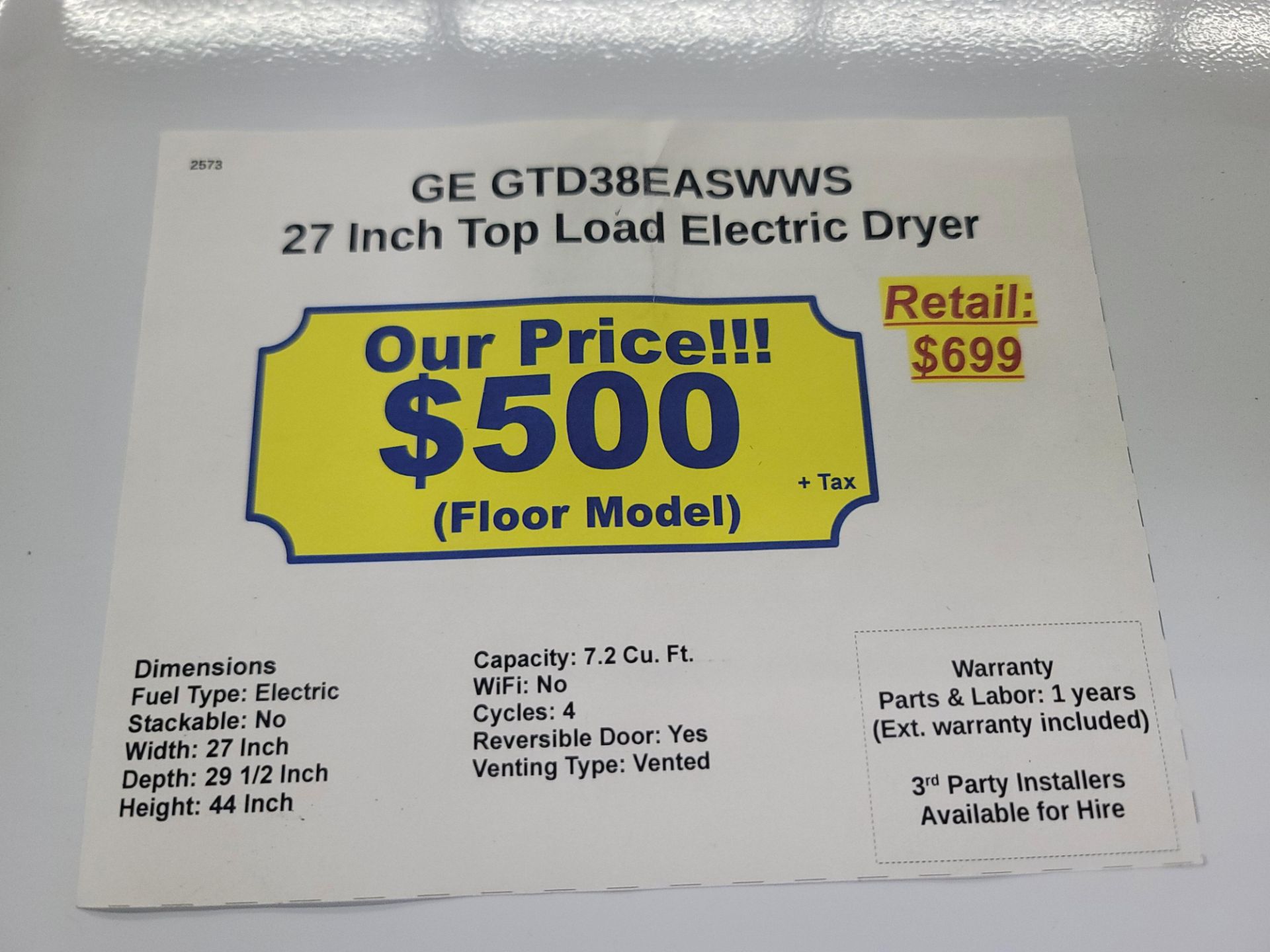 GE 27" ELECTRIC DRYER IN WHITE, 7.2 CU. FT. CAPACITY, MODEL GTD38EASWWS - Image 3 of 3