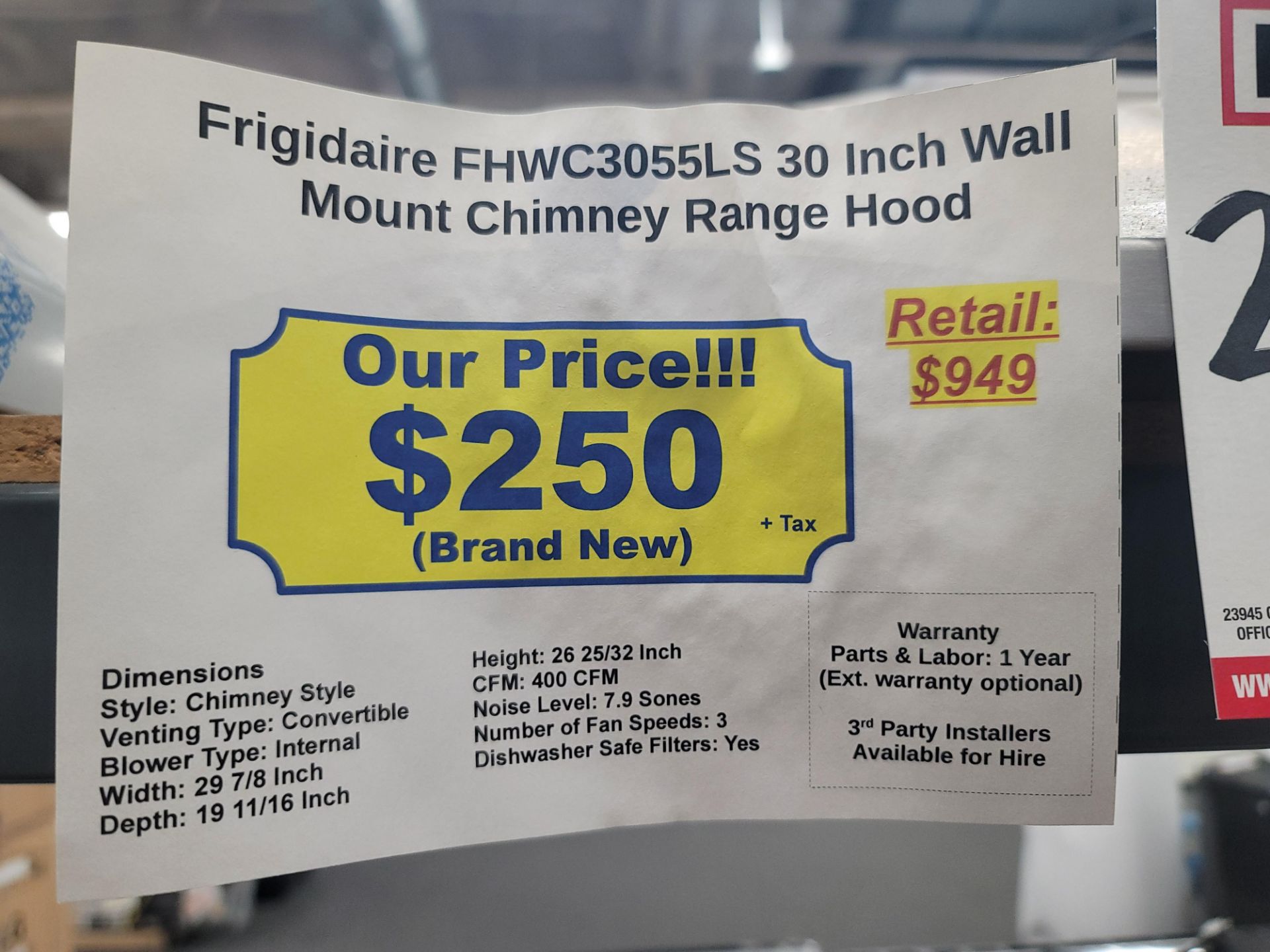 FRIGIDAIRE 30" WALL MOUNT CHIMNEY RANGE HOOD, MODEL FHWC3055LS - Image 2 of 2