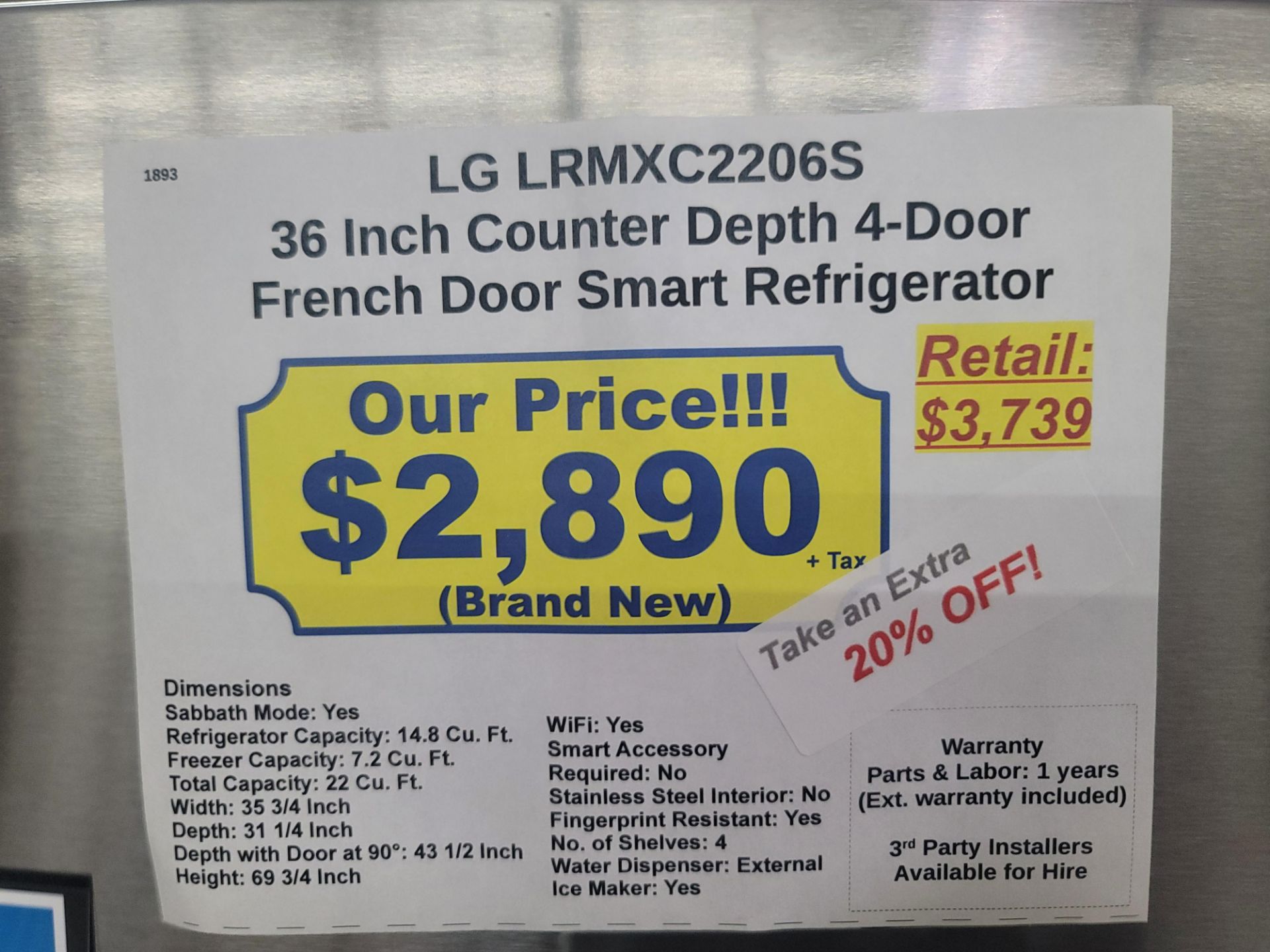 LG 36" SMART COUNTER DEPTH 4-DOOR FRENCH DOOR 14.8 CU. FT. REFRIGERATOR / 7.2 CU. FT. FREEZER / 22 - Image 5 of 5