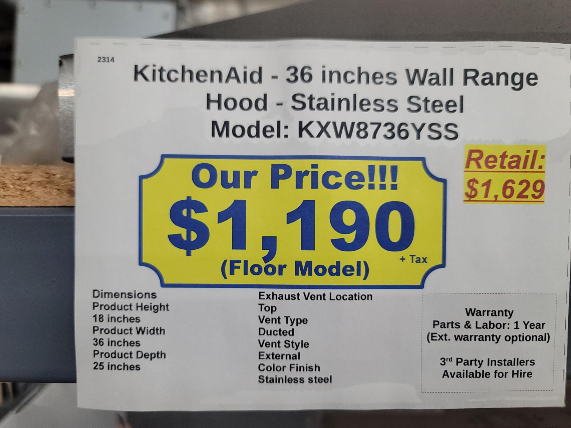 KITCHENAID 36" WALL MOUNT RANGE HOOD, MODEL KXW8736YSS - Image 2 of 2