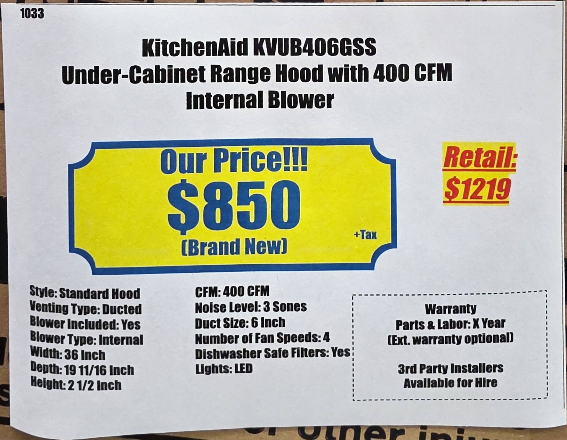 KITCHENAID 36" UNDER CABINET RANGE HOOD W/ 400 CFM INTERNAL BLOWER, MODEL KVUB406GSS, IN ORIGINAL - Image 2 of 2