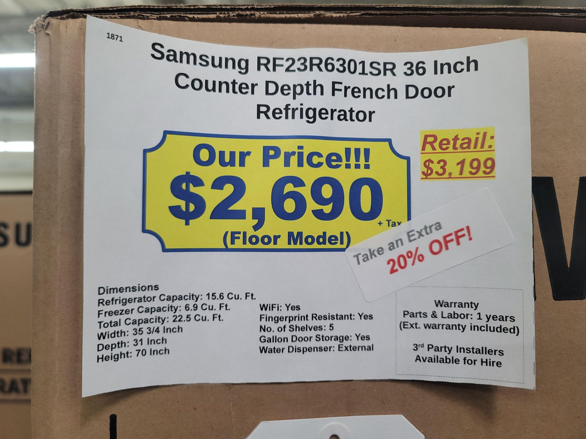 SAMSUNG 36" COUNTER DEPTH FRENCH DOOR 15.6 CU. FT. REFRIGERATOR / 6.9 CU. FT. FREEZER / 22.5 CU. FT. - Image 2 of 2