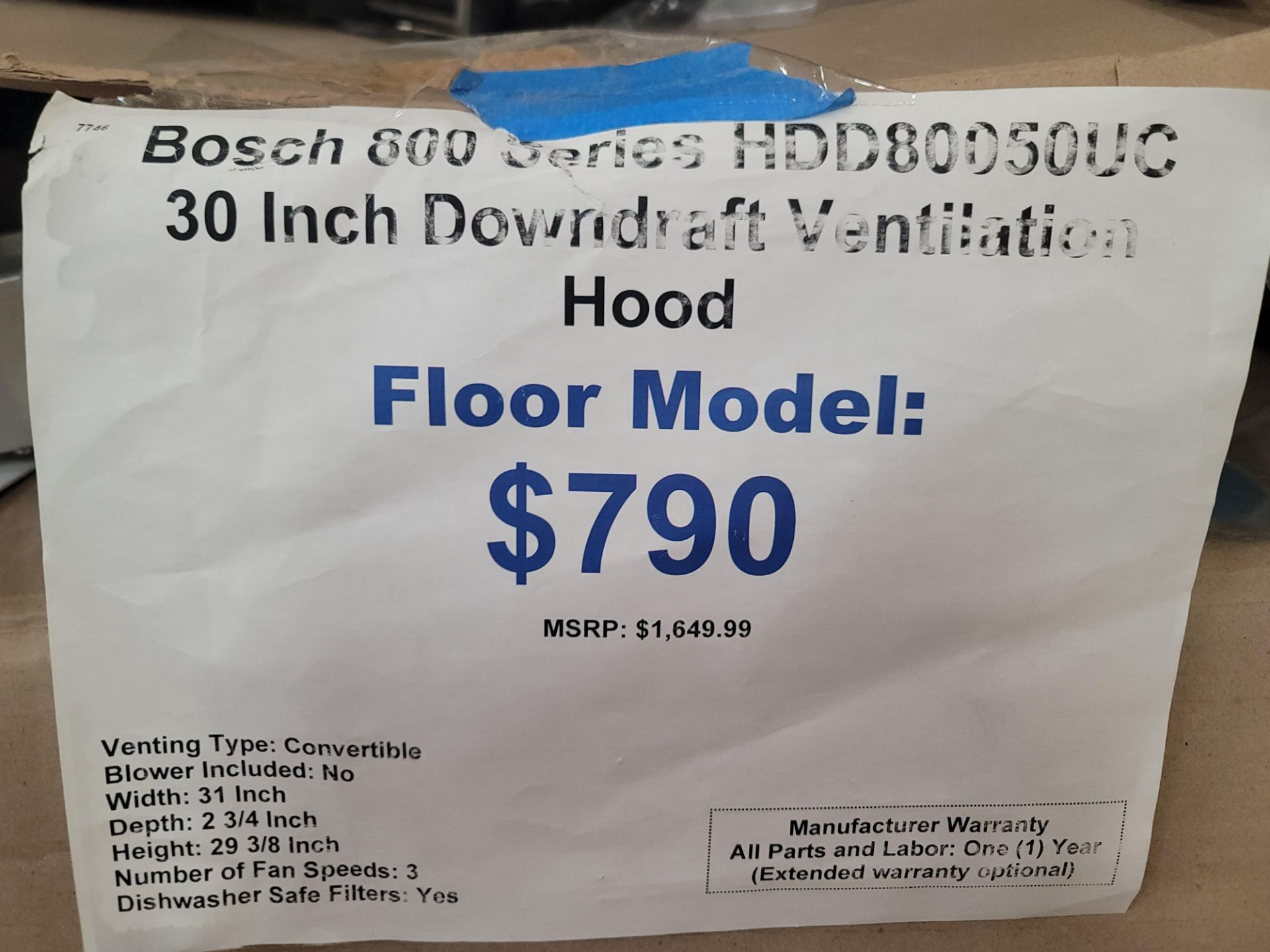 BOSCH 800 SERIES 30" DOWNDRAFT VENTILATION HOOD, MODEL HDD80050UC, OPEN CARTON - Image 3 of 3