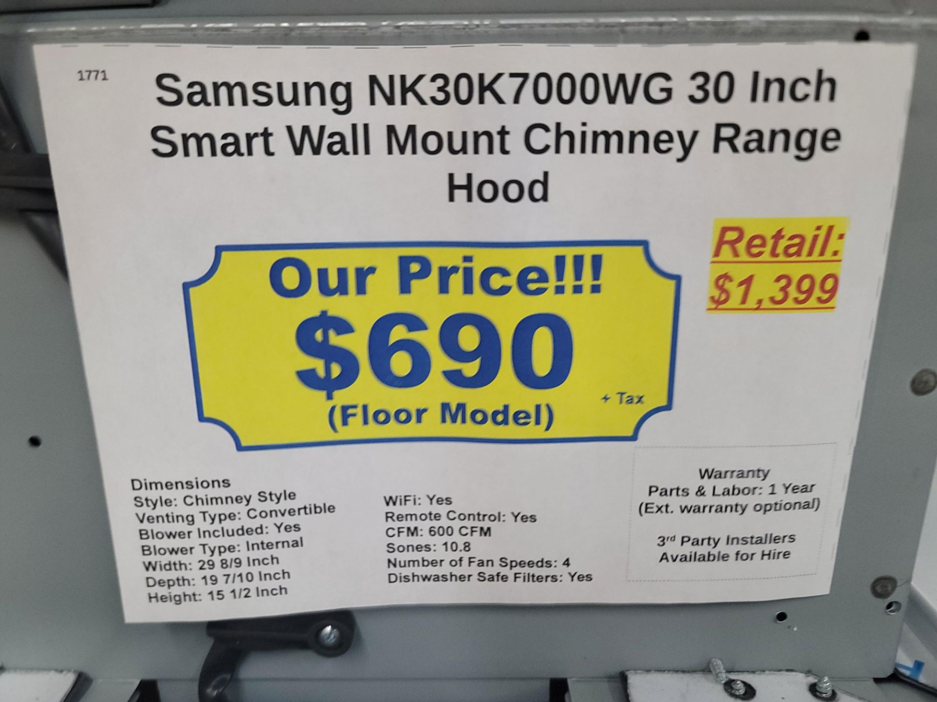 SAMSUNG 30" SMART WALL MOUNT CHIMNEY RANGE HOOD IN BLACK STAINLESS STEEL, MODEL NK30K7000WG - Image 2 of 2