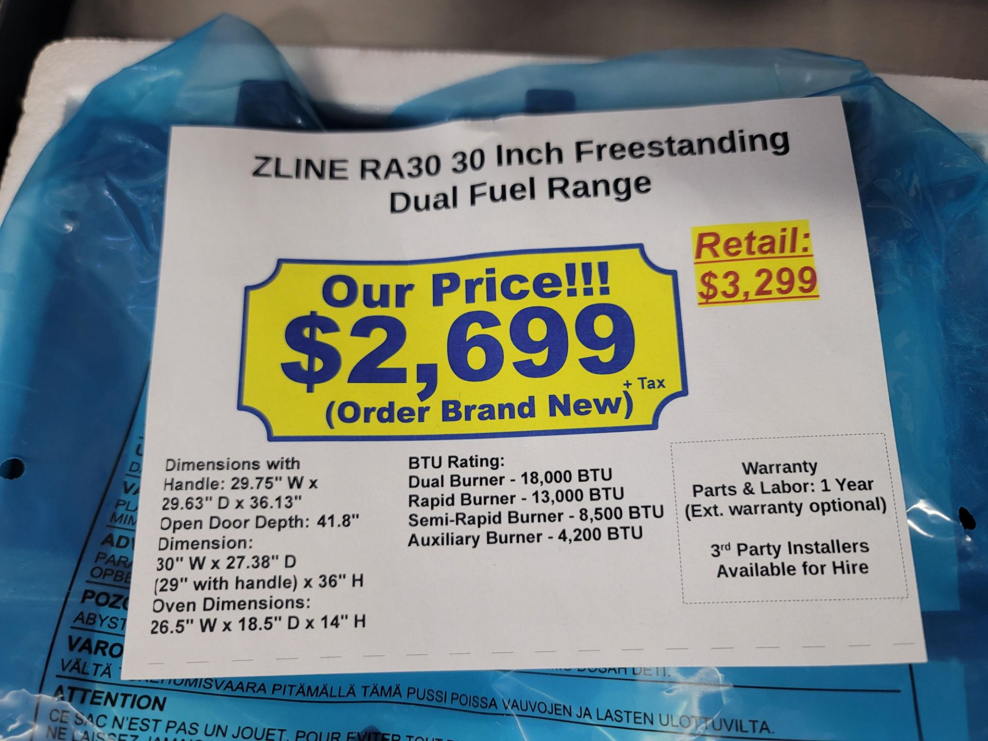 ZLINE 30" FREESTANDING DUAL FUEL RANGE IN STAINLESS STEEL, MODEL RA30 - Image 4 of 4