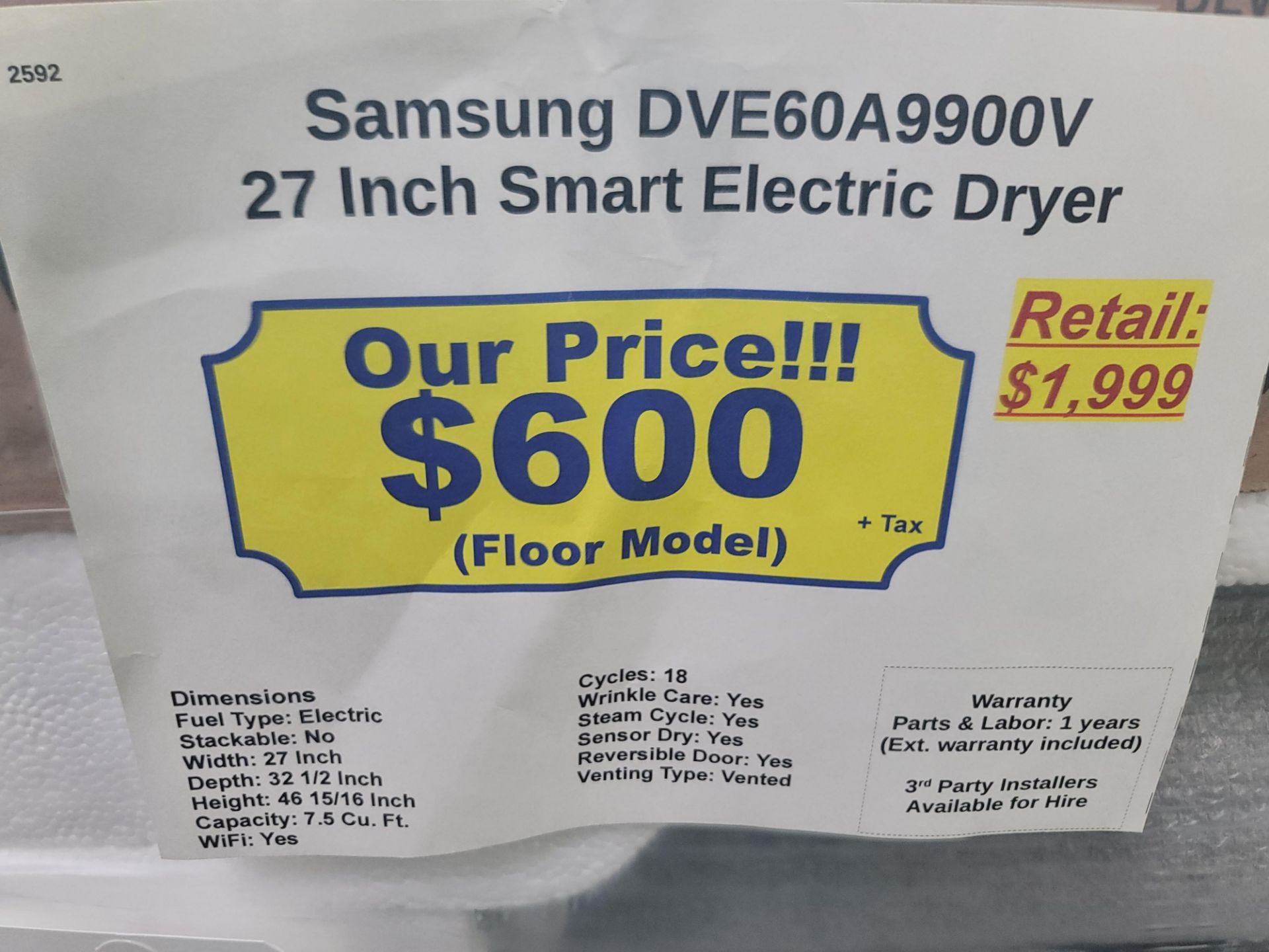 SAMSUNG 27" SMART ELECTRIC DRYER IN BLACK, 7.5 CU. FT. CAPACITY, MODEL DVE60A9900V, IN FACTORY - Image 2 of 2