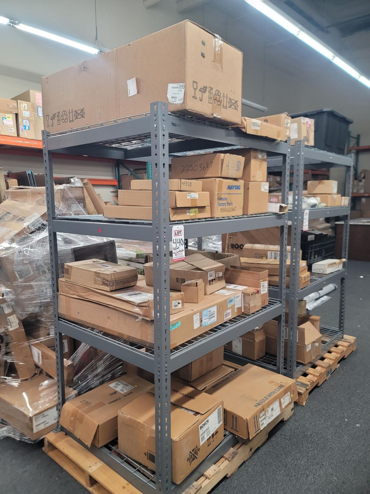 LOT - SHELF UNIT, 49" X 37" X 6' HT, W/ CONTENTS OF APPLIANCE REPLACEMENT PARTS