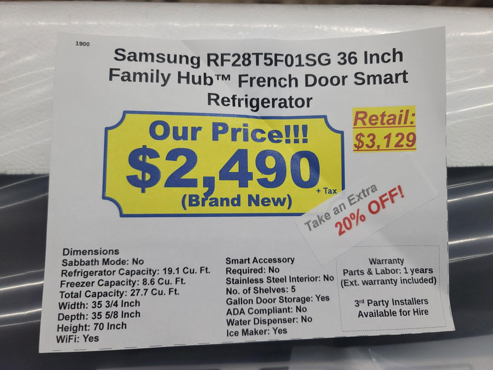 SAMSUNG 36" SMART FAMILY HUB FRENCH DOOR 19.1 CU. FT. REFRIGERATOR / 8.6 CU. FT. FREEZER / 27.7 - Image 3 of 3