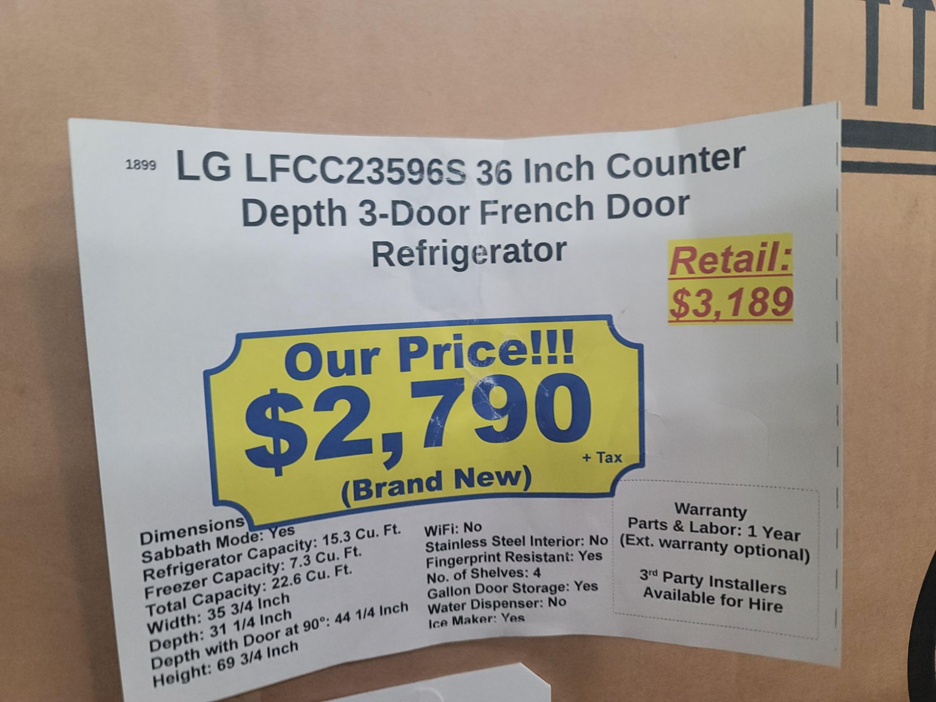LG 36" COUNTER DEPTH 3-DOOR FRENCH DOOR 15.3 CU. FT. REFRIGERATOR / 7.3 CU. FT. FREEZER / 22.6 CU. - Image 2 of 2