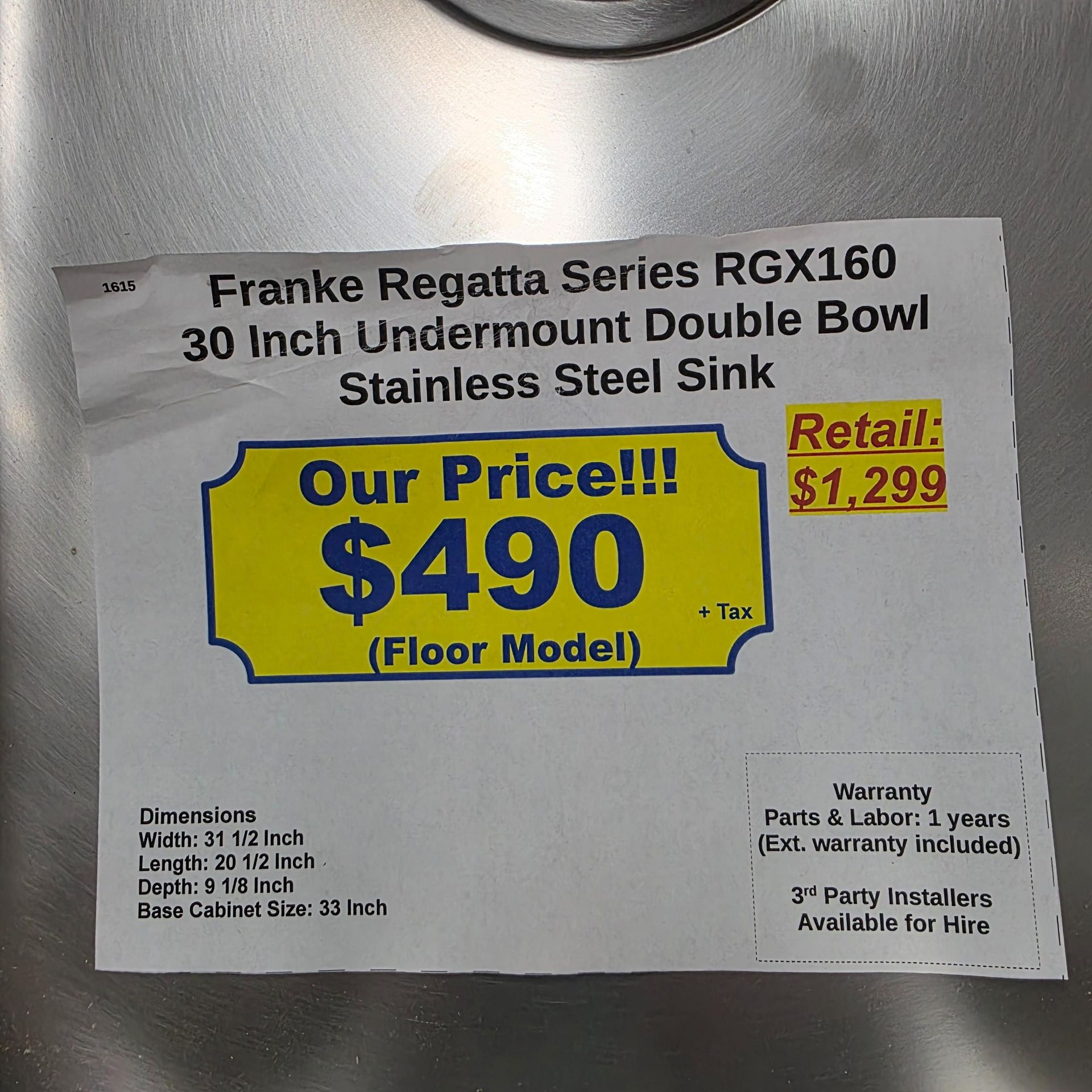 FRANKE REGATTA UNDERMOUNT DOUBLE BOWL KITCHEN SINK, MODEL RGX160, (NOTE: LIP HAS (2) MINOR DENT/ - Image 4 of 4