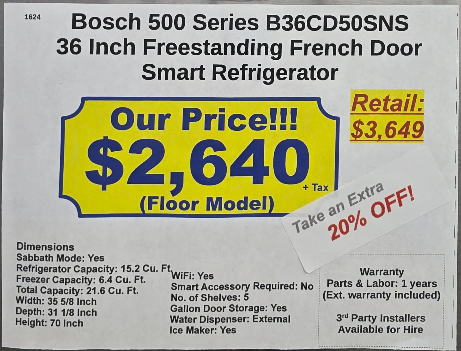 BOSCH 500 SERIES 36" SMART FREESTANDING FRENCH DOOR 15.2 CU. FT. REFRIGERATOR / 6.4 CU. FT. - Image 4 of 4