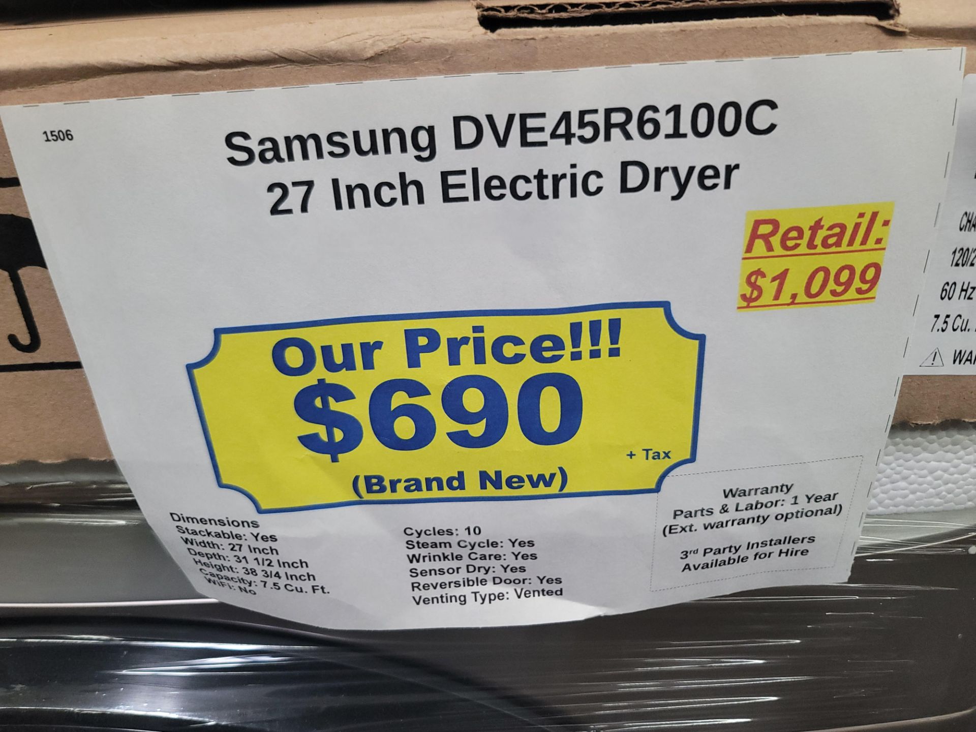 SAMSUNG 27" ELECTRIC DRYER IN CHAMPAGNE, 7.5 CU. FT. CAPACITY, MODEL DVE45R6100C, IN FACTORY - Image 2 of 2