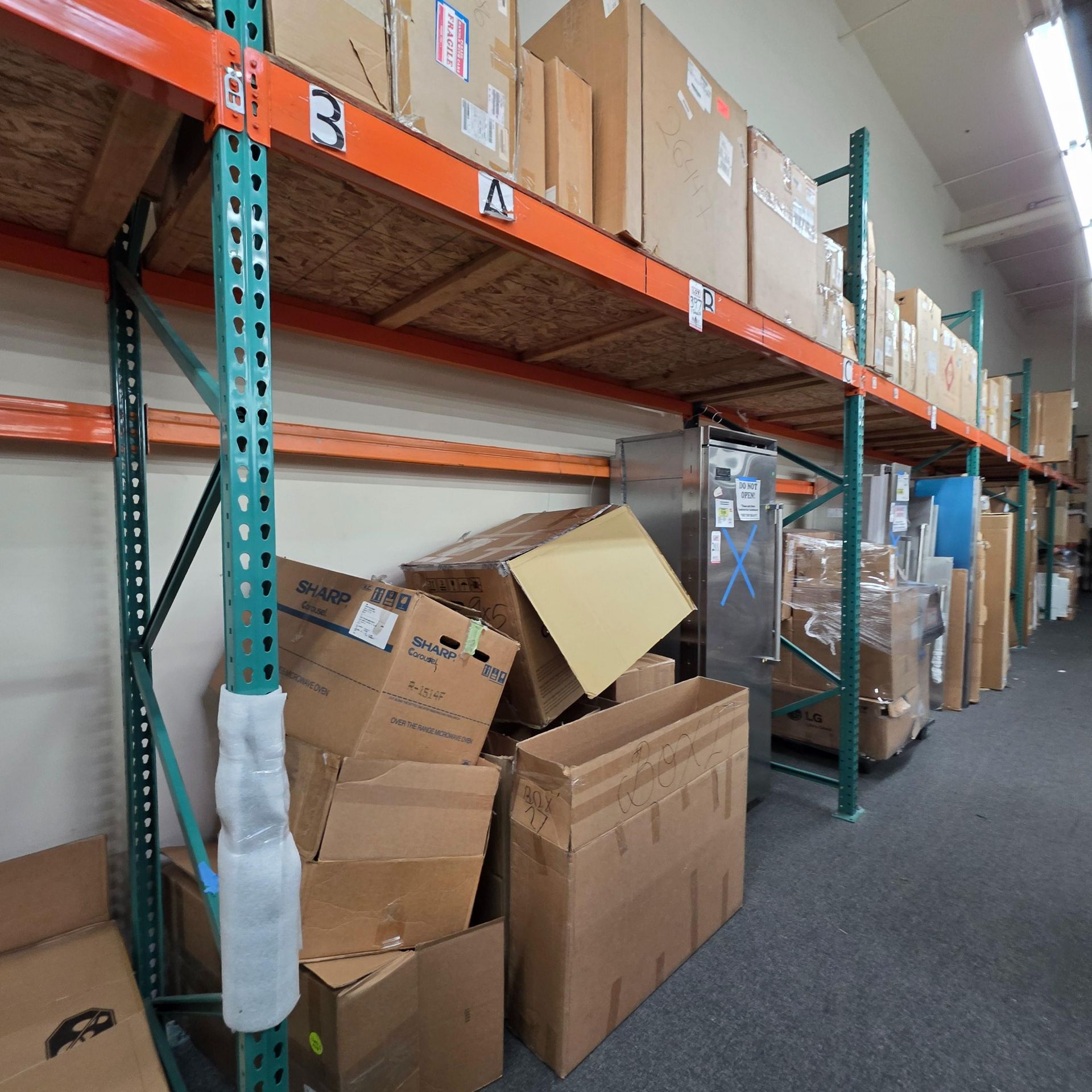 LOT - (10) 8' SECTIONS OF PALLET RACKING, APPROX. 8'-6" X 42" X 12" HT., PLYWOOD DECKING, CONTENTS - Image 5 of 9