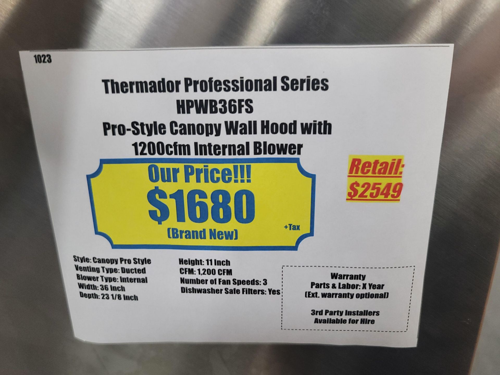 THERMADOR PROFESSIONAL SERIES 36" PRO-STYLE CANOPY WALL HOOD W/ 1200 CFM INTERNAL BLOWER, MODEL - Image 3 of 3