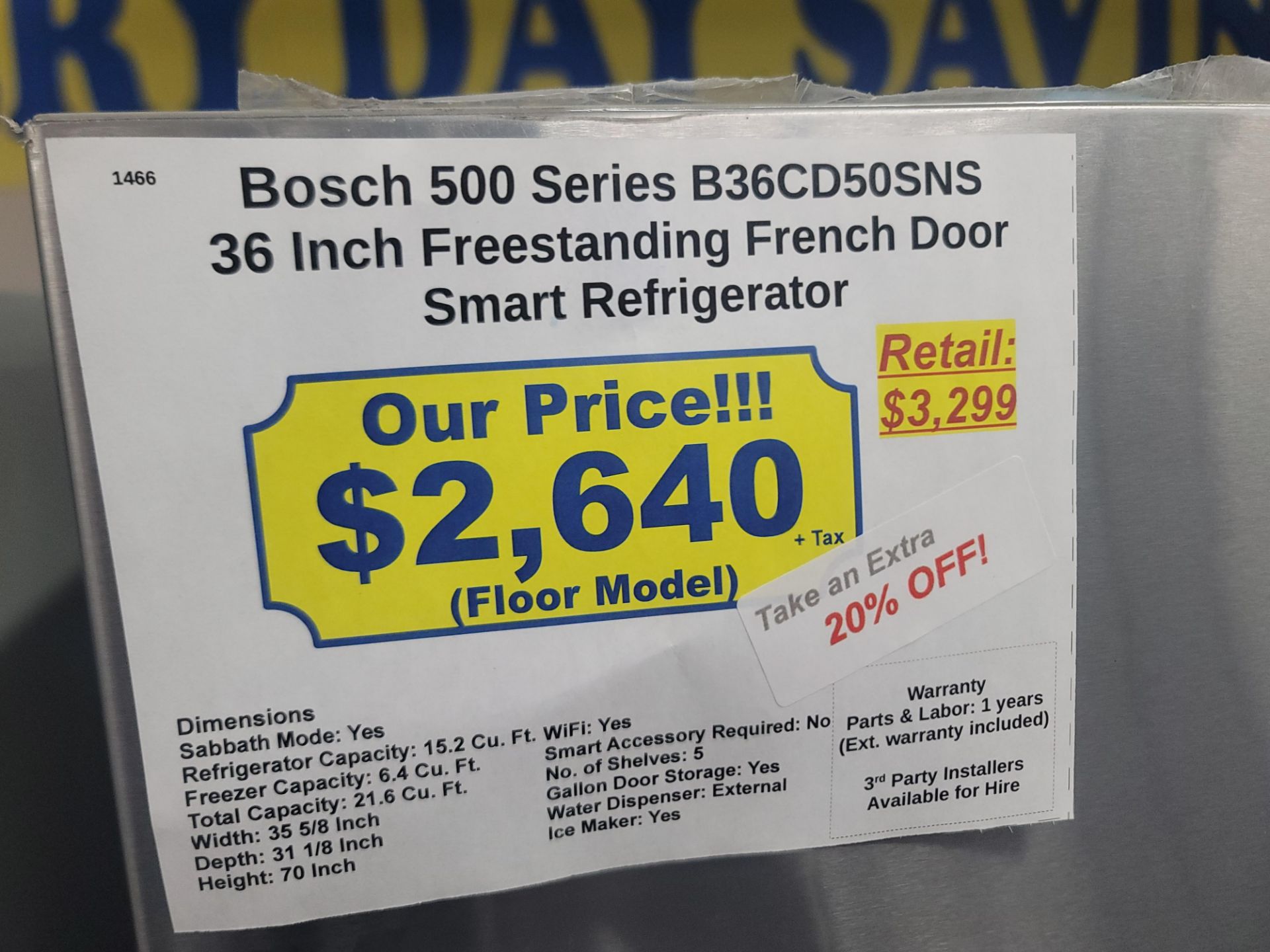 BOSCH 500 SERIES 36" SMART FREESTANDING FRENCH DOOR 15.2 CU. FT. REFRIGERATOR / 6.4 CU. FT. - Image 4 of 4