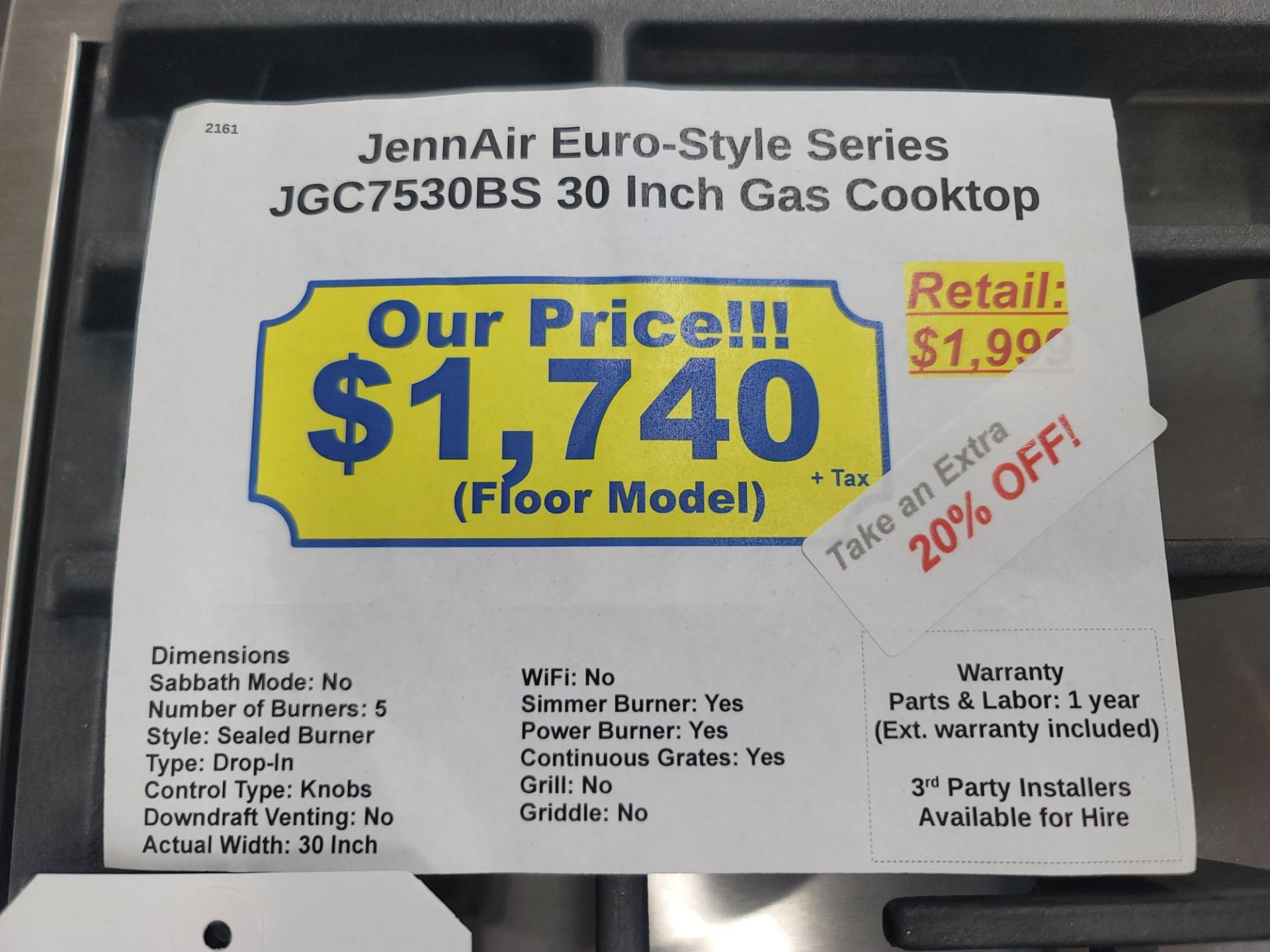 JENNAIR EURO-STYLE SERIES 30" GAS COOKTOP W/ (5) BURNERS IN STAINLESS STEEL, MODEL JGC7530BS - Image 3 of 3