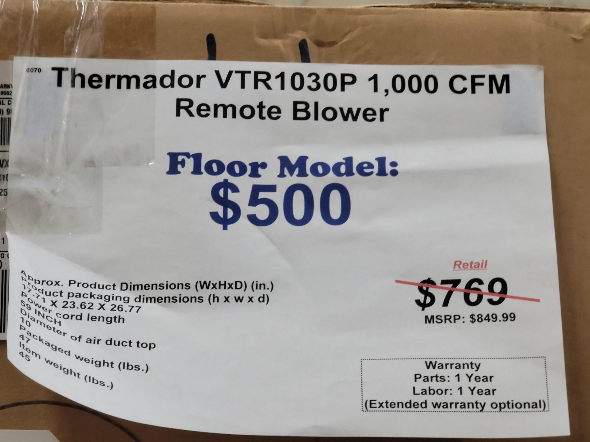 THERMADOR 1,000 CFM REMOTE BLOWER, MODEL VTR1030P - Image 2 of 2