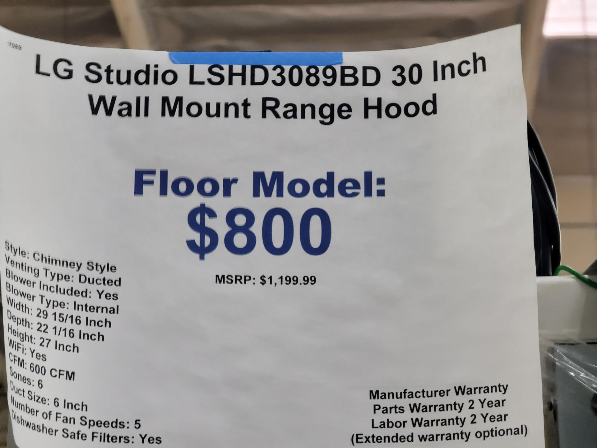 LG STUDIO 30" WALL MOUNT RANGE HOOD IN BLACK STAINLESS STEEL, MODEL LSHD3089BD - Image 2 of 2