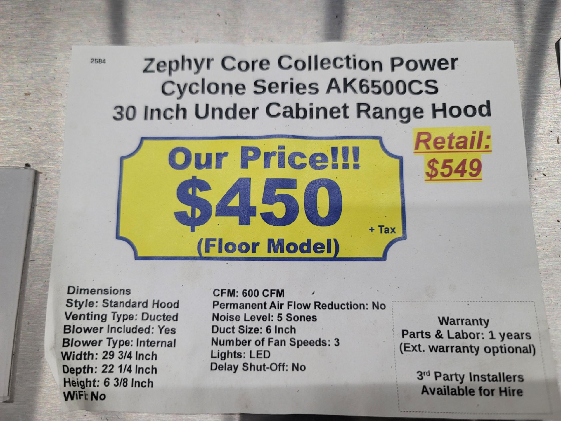 ZEPHYR CORE COLLECTION POWER CYCLONE SERIES 30" UNDER CABINET RANGE HOOD, MODEL AK6500CS - Image 2 of 2