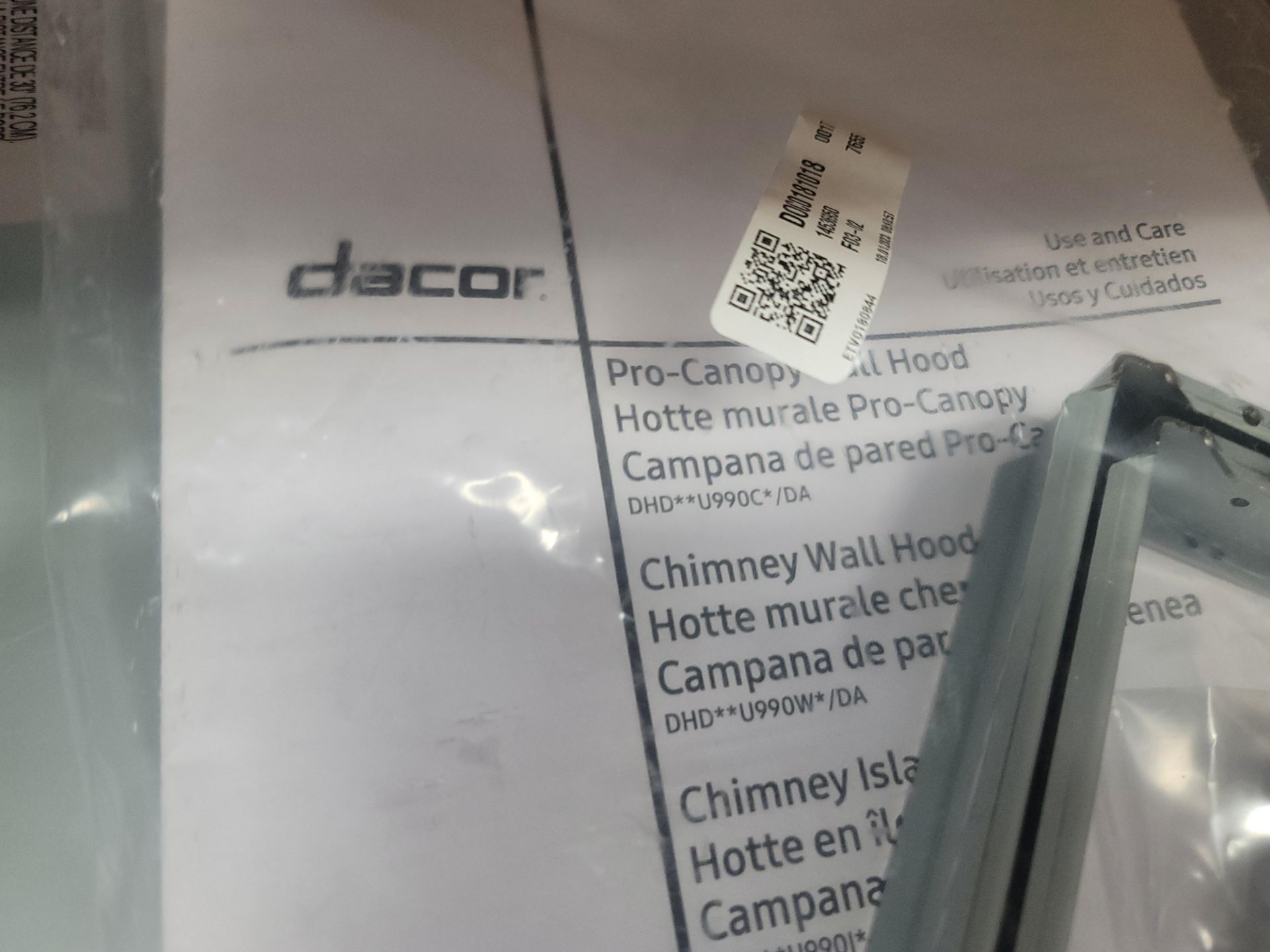 DACOR 48" CHIMNEY RANGE HOOD, MODEL DHD48U990WS, IN ORIGINAL CARTON - Image 2 of 3